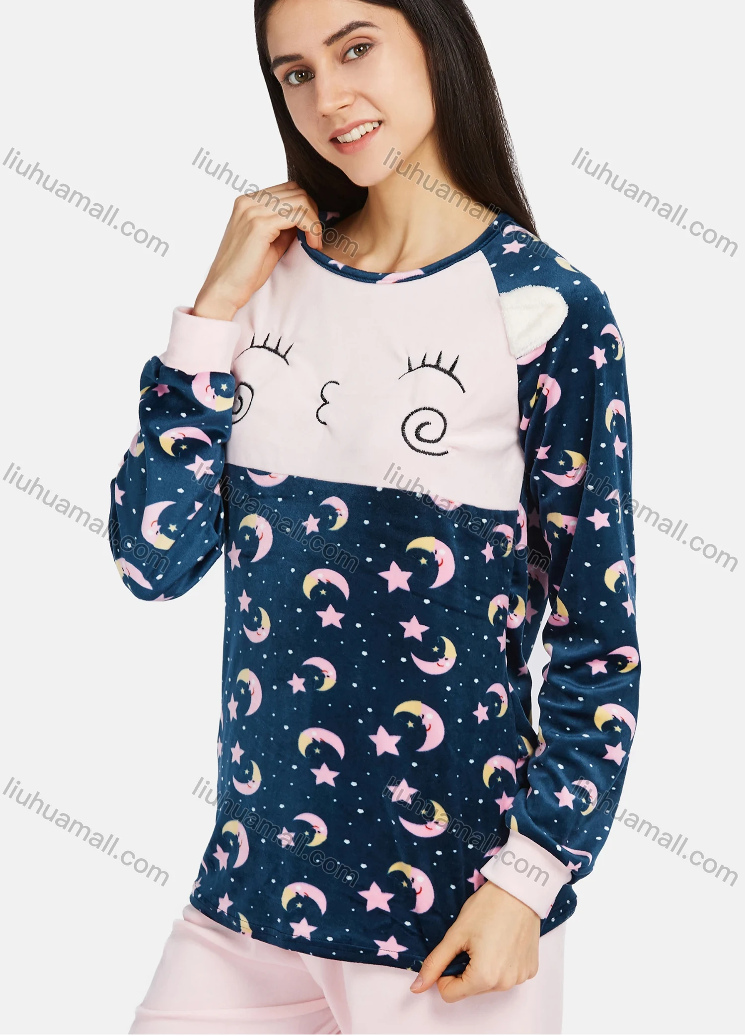 Wholesale Women's Comfy Lounge Long Sleeve Cartoon Star Pattern Top & Pant Pajama Sets - Liuhuamall