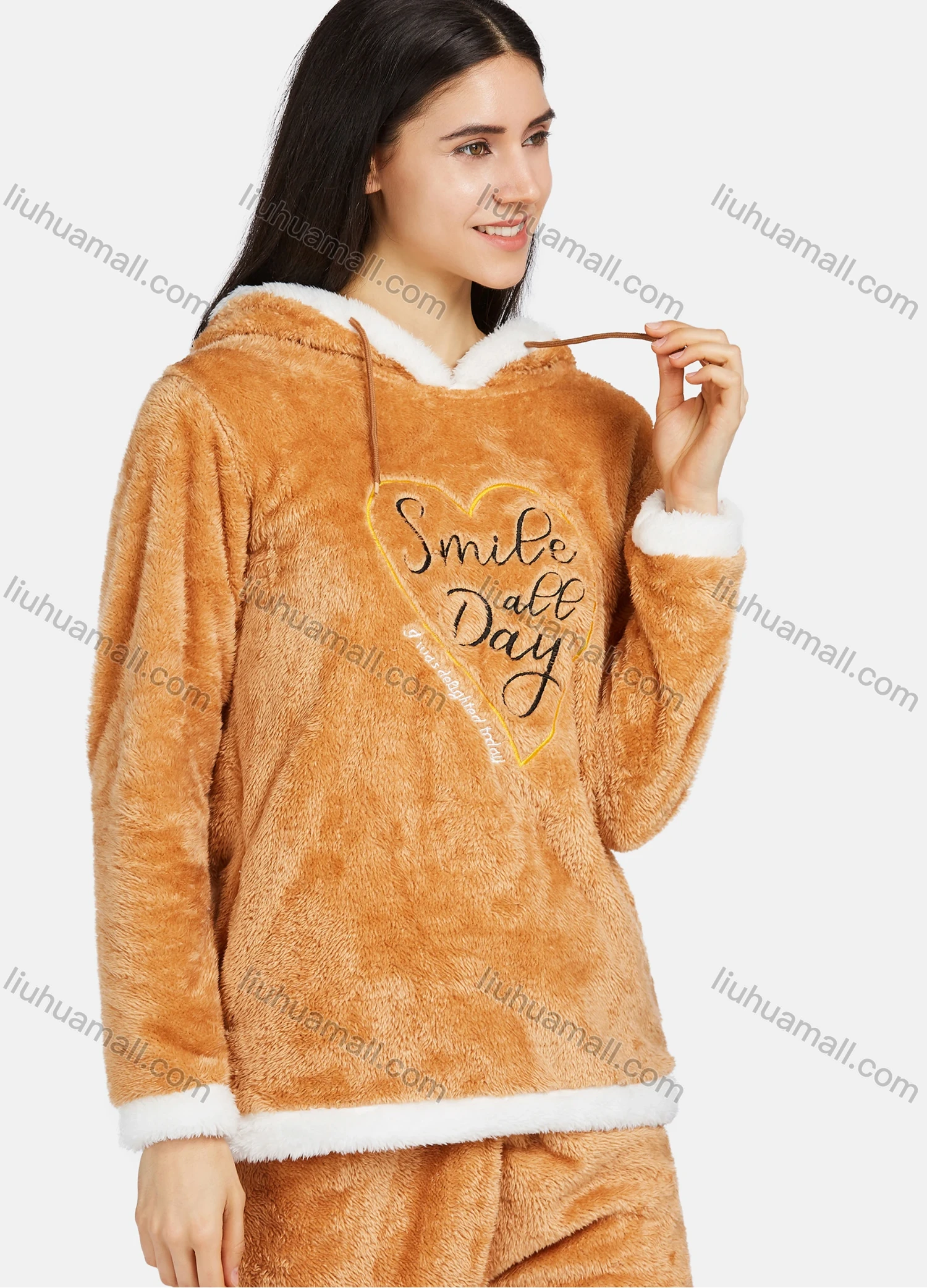 Wholesale Women's Soft Lounge Long Sleeve Embroidery Letter Fuzzy Drawstring Hooded Sweatshirt & Pant Homewear Sets - Liuhuamall