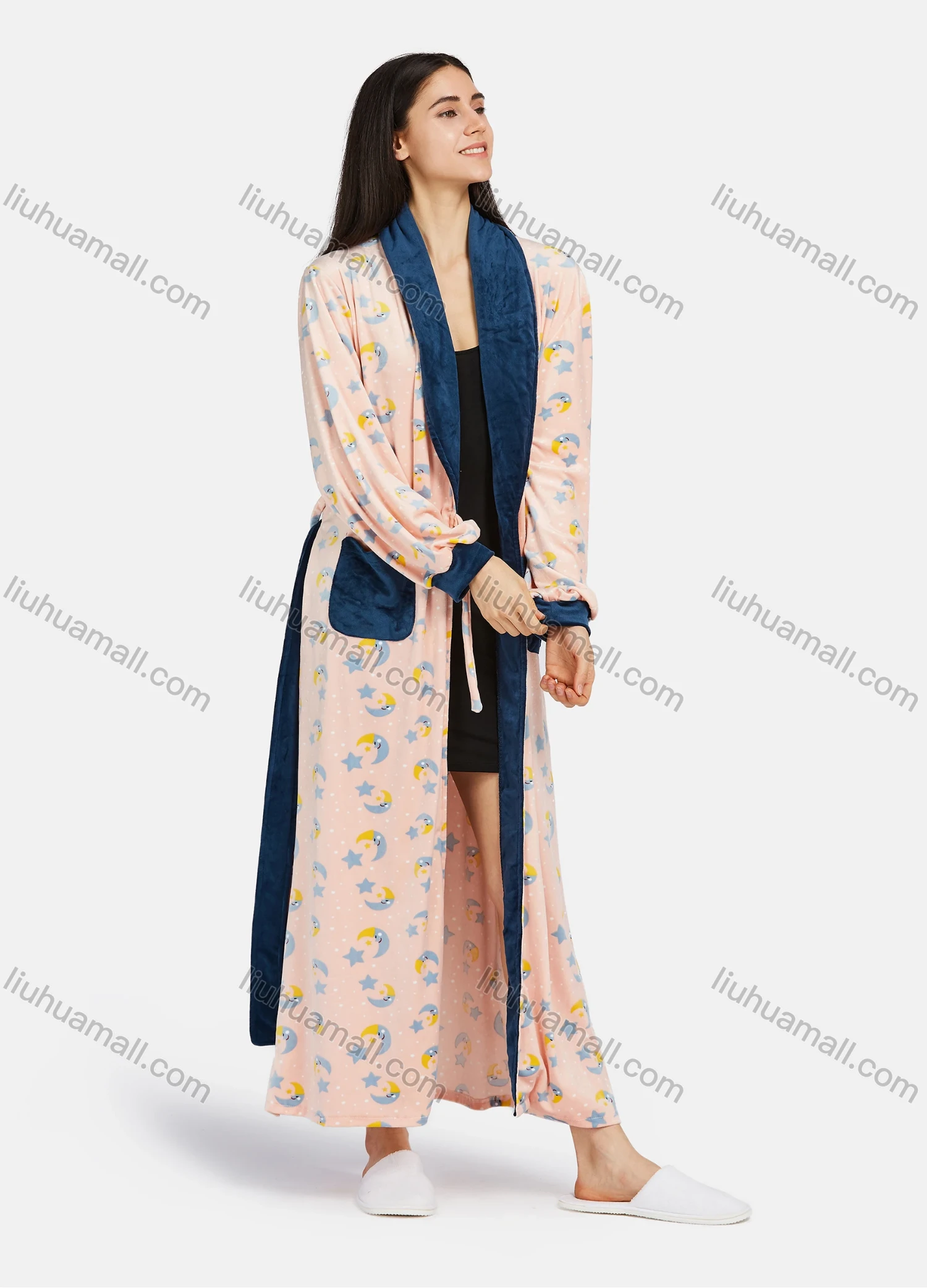 Wholesale Women's Soft Long Sleeve Open Front Cartoon Print Patch Pocket Maxi Lounge Nightgown With Tie Belt - Liuhuamall