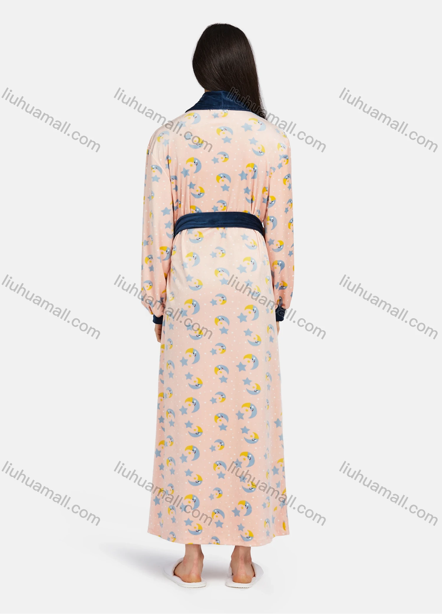 Wholesale Women's Soft Long Sleeve Open Front Cartoon Print Patch Pocket Maxi Lounge Nightgown With Tie Belt - Liuhuamall