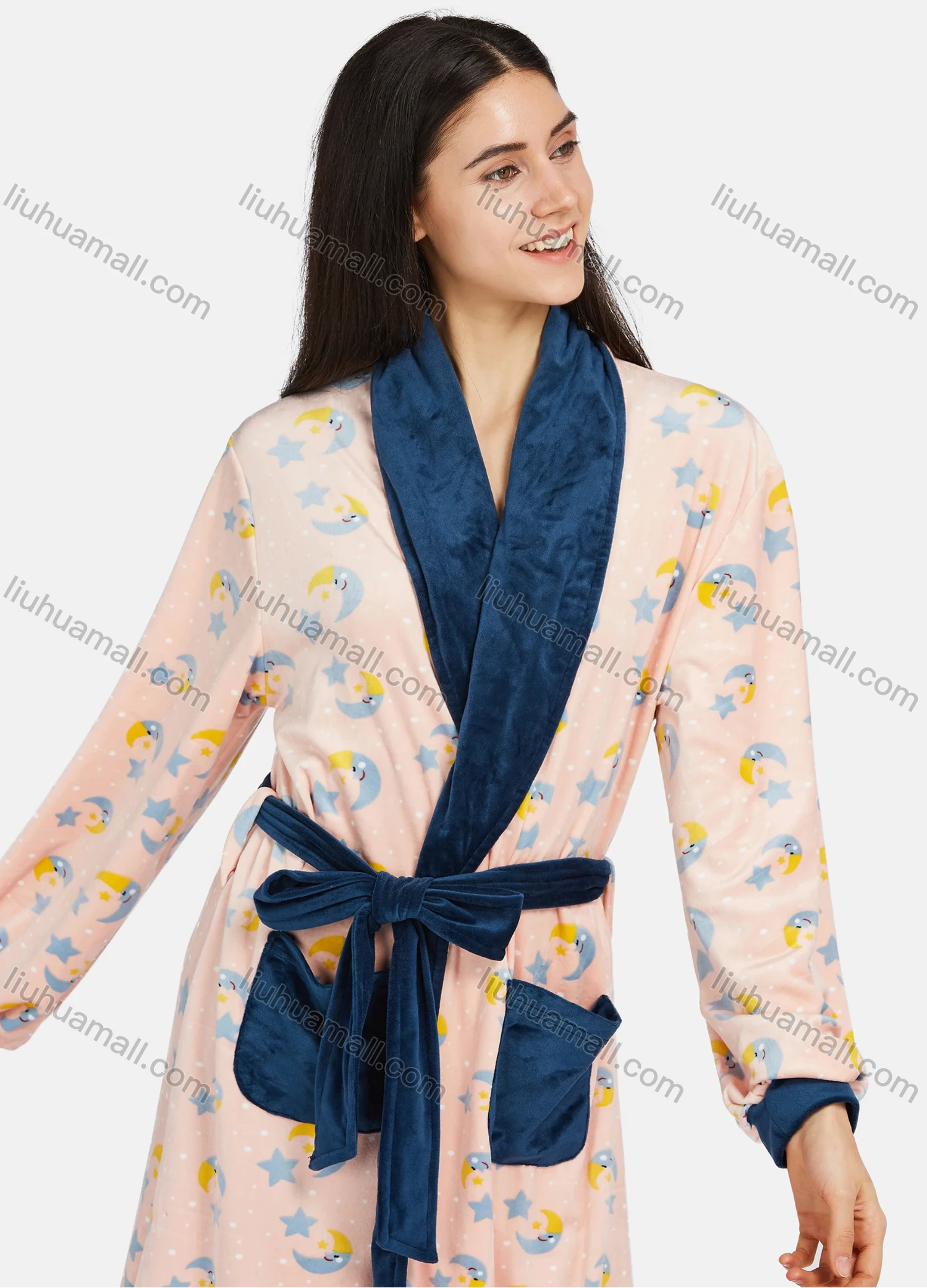 Wholesale Women's Soft Long Sleeve Open Front Cartoon Print Patch Pocket Maxi Lounge Nightgown With Tie Belt - Liuhuamall