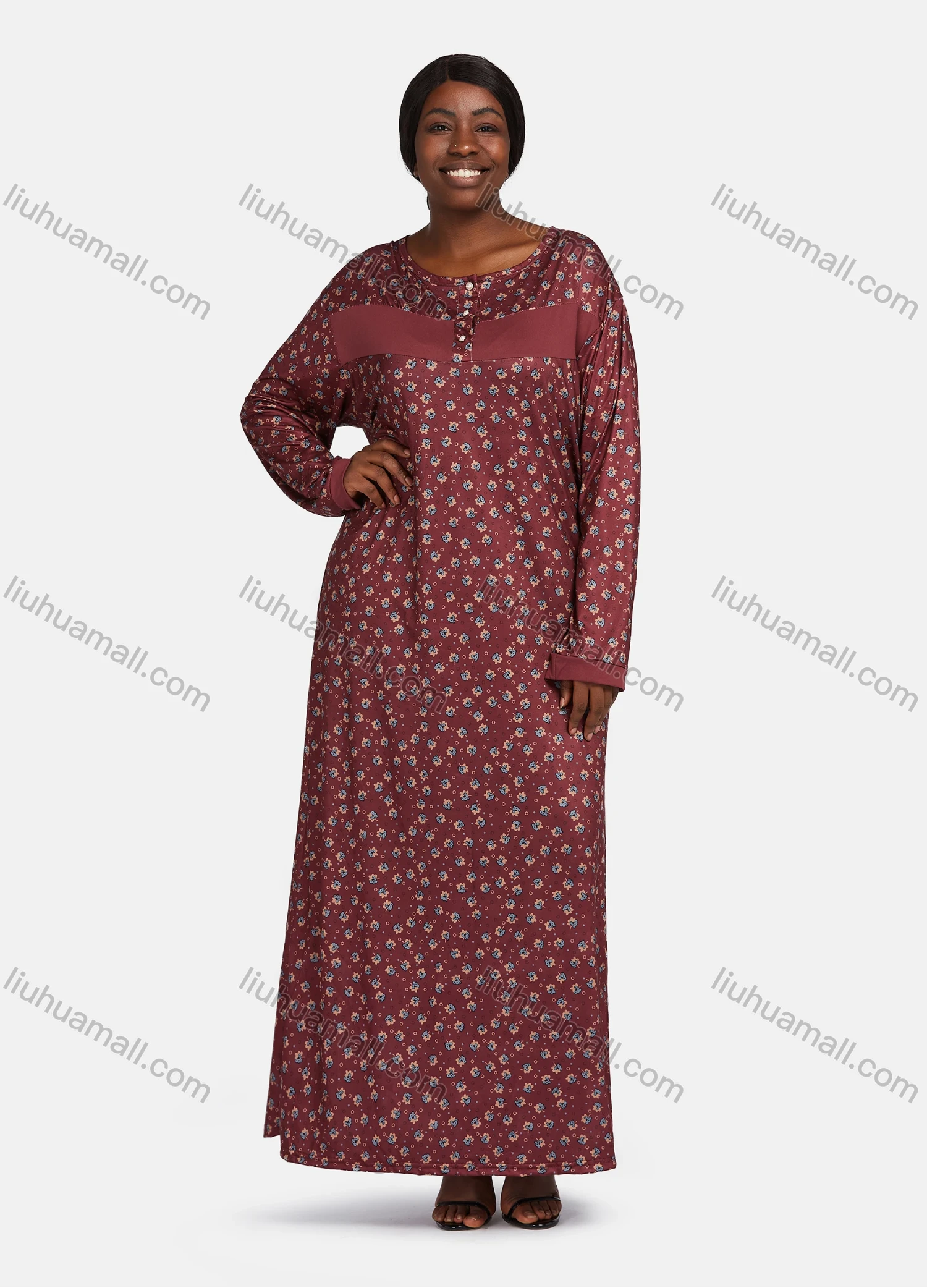 Wholesale Women's Vintage Crew Neck Long Sleeve Splicing Allover Floral Print Button Front Maxi Lounge Nightgown - Liuhuamall