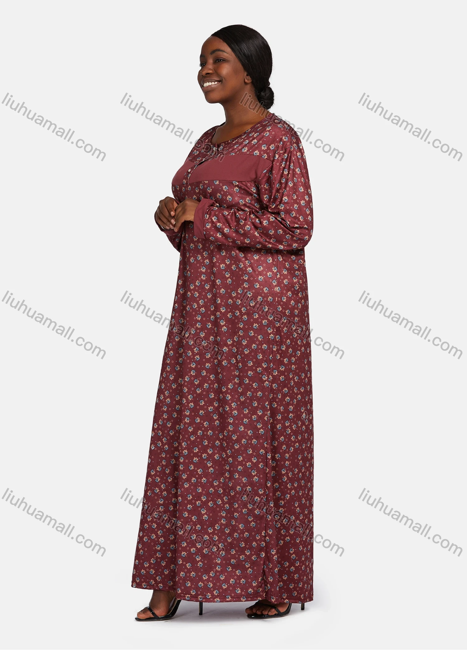 Wholesale Women's Vintage Crew Neck Long Sleeve Splicing Allover Floral Print Button Front Maxi Lounge Nightgown - Liuhuamall