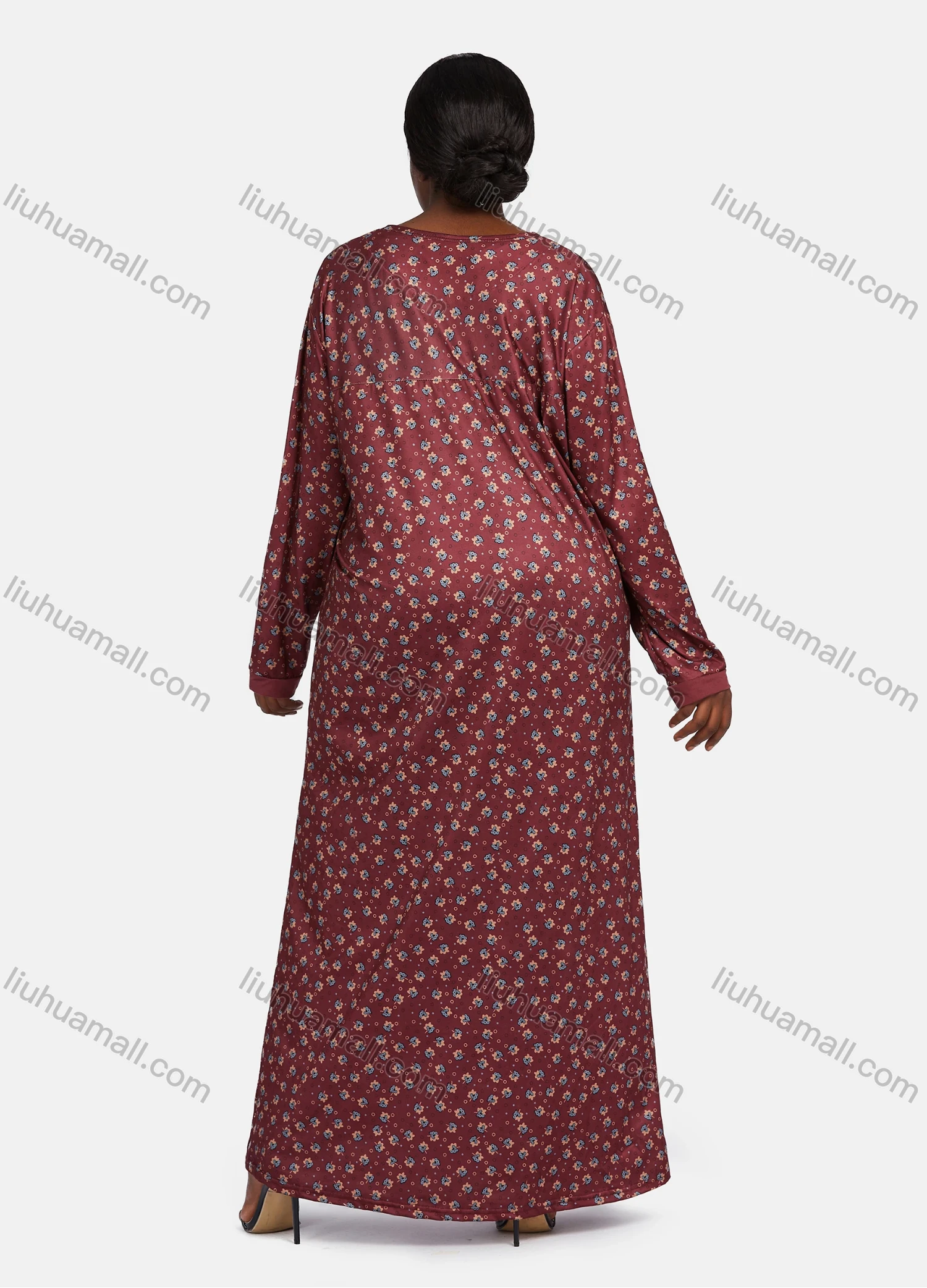 Wholesale Women's Vintage Crew Neck Long Sleeve Splicing Allover Floral Print Button Front Maxi Lounge Nightgown - Liuhuamall