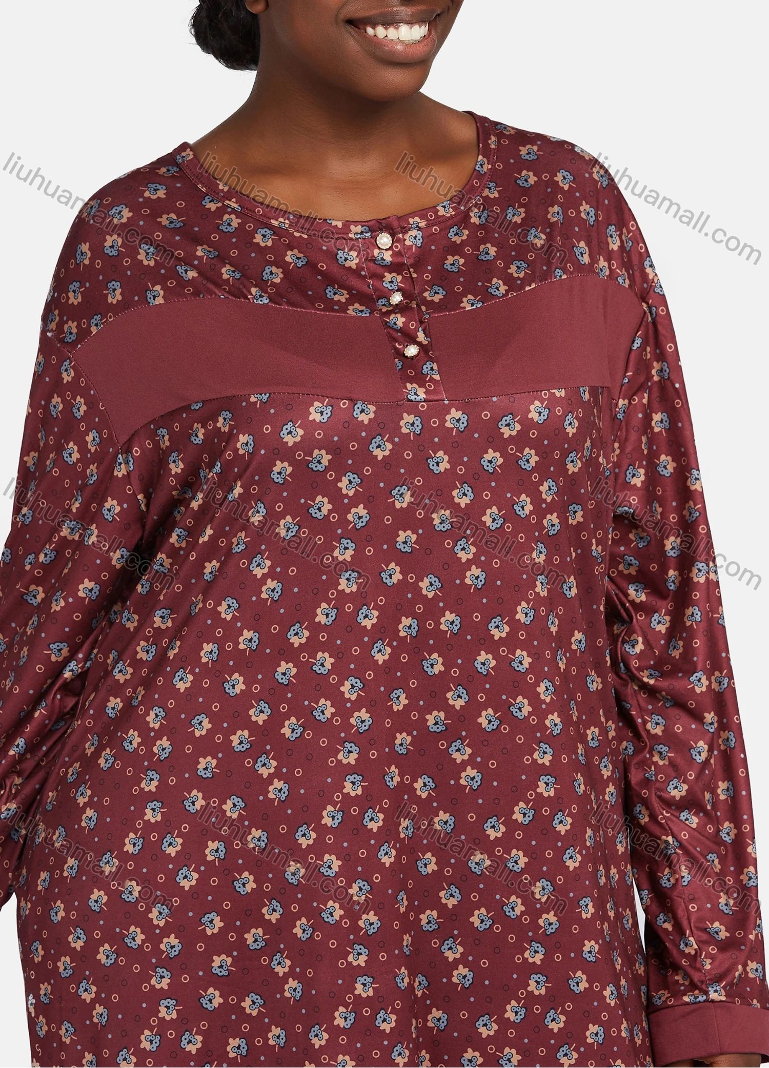 Wholesale Women's Vintage Crew Neck Long Sleeve Splicing Allover Floral Print Button Front Maxi Lounge Nightgown - Liuhuamall