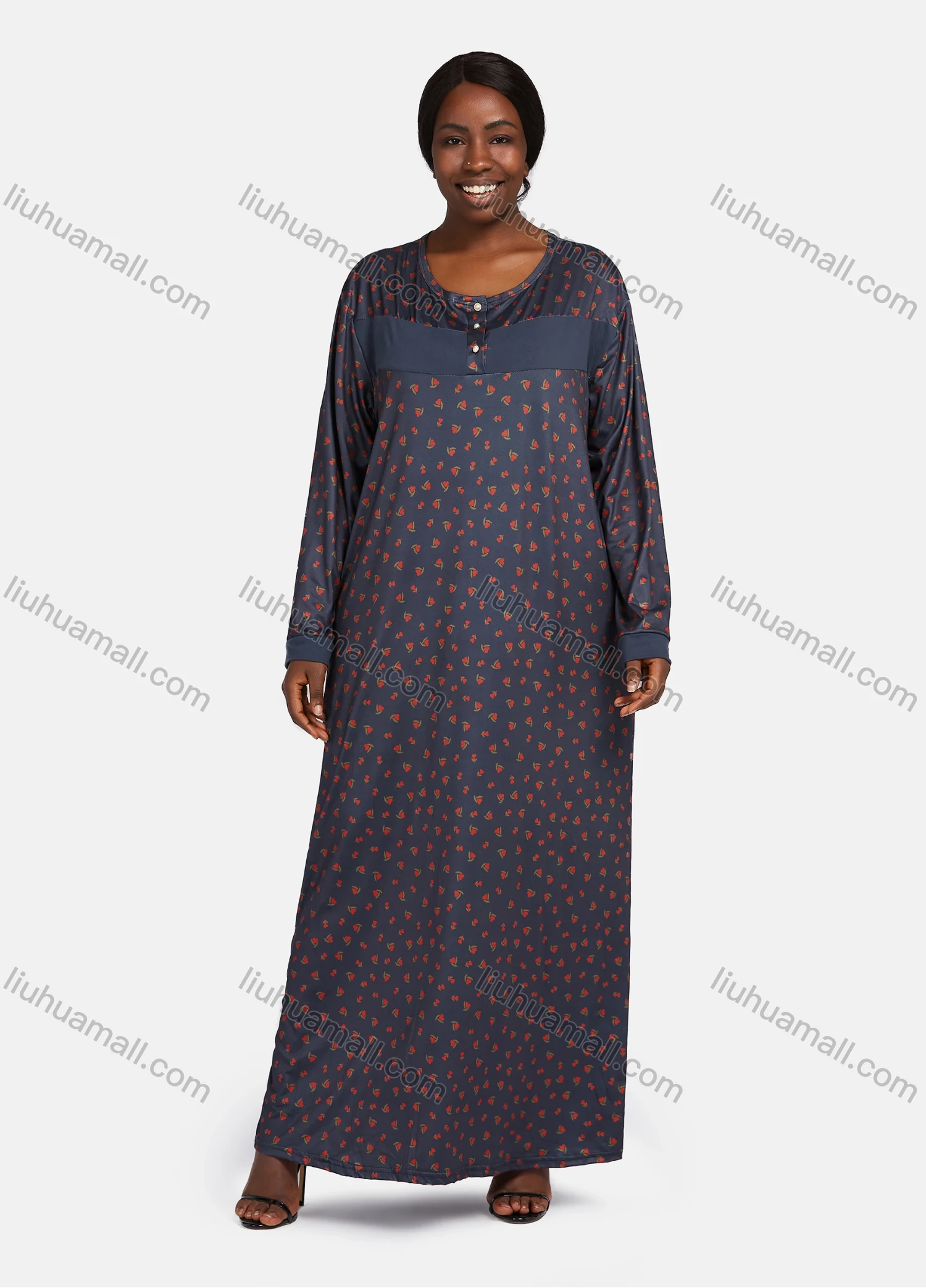 Wholesale Women's Vintage Crew Neck Long Sleeve Splicing Allover Print Button Front Maxi Lounge Nightgown - Liuhuamall