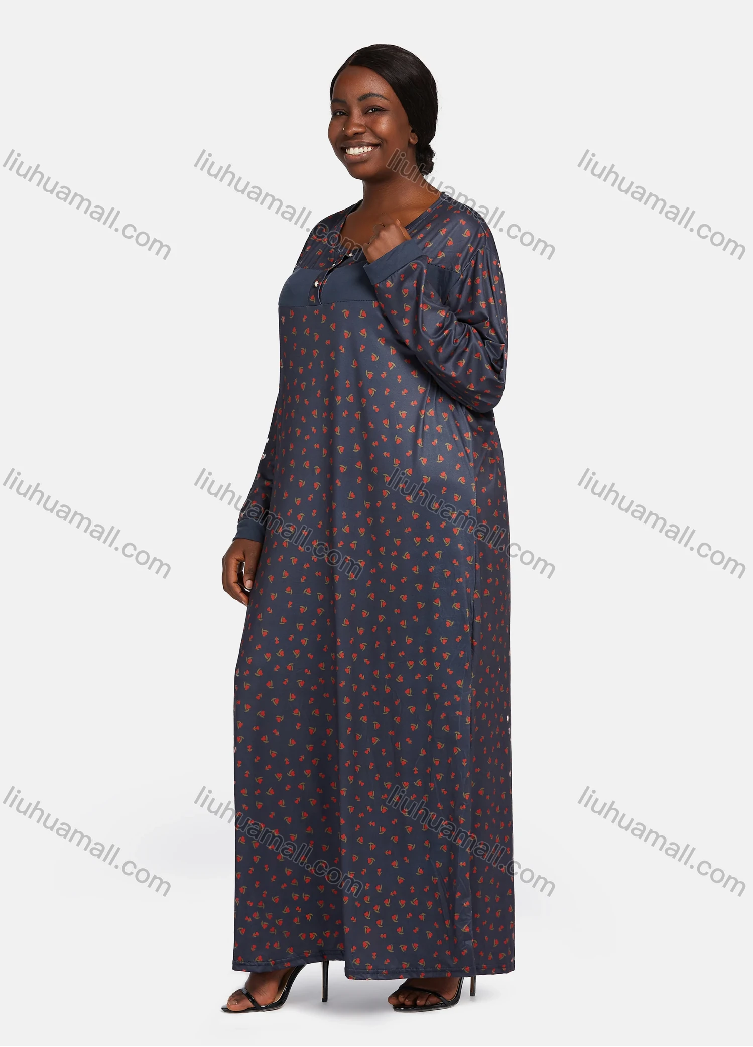 Wholesale Women's Vintage Crew Neck Long Sleeve Splicing Allover Print Button Front Maxi Lounge Nightgown - Liuhuamall