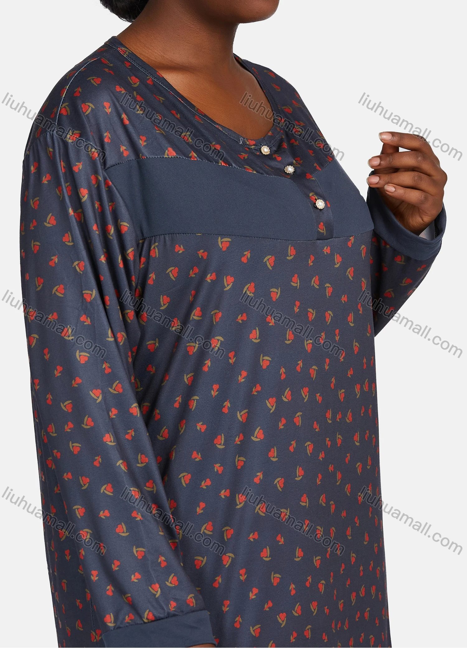 Wholesale Women's Vintage Crew Neck Long Sleeve Splicing Allover Print Button Front Maxi Lounge Nightgown - Liuhuamall