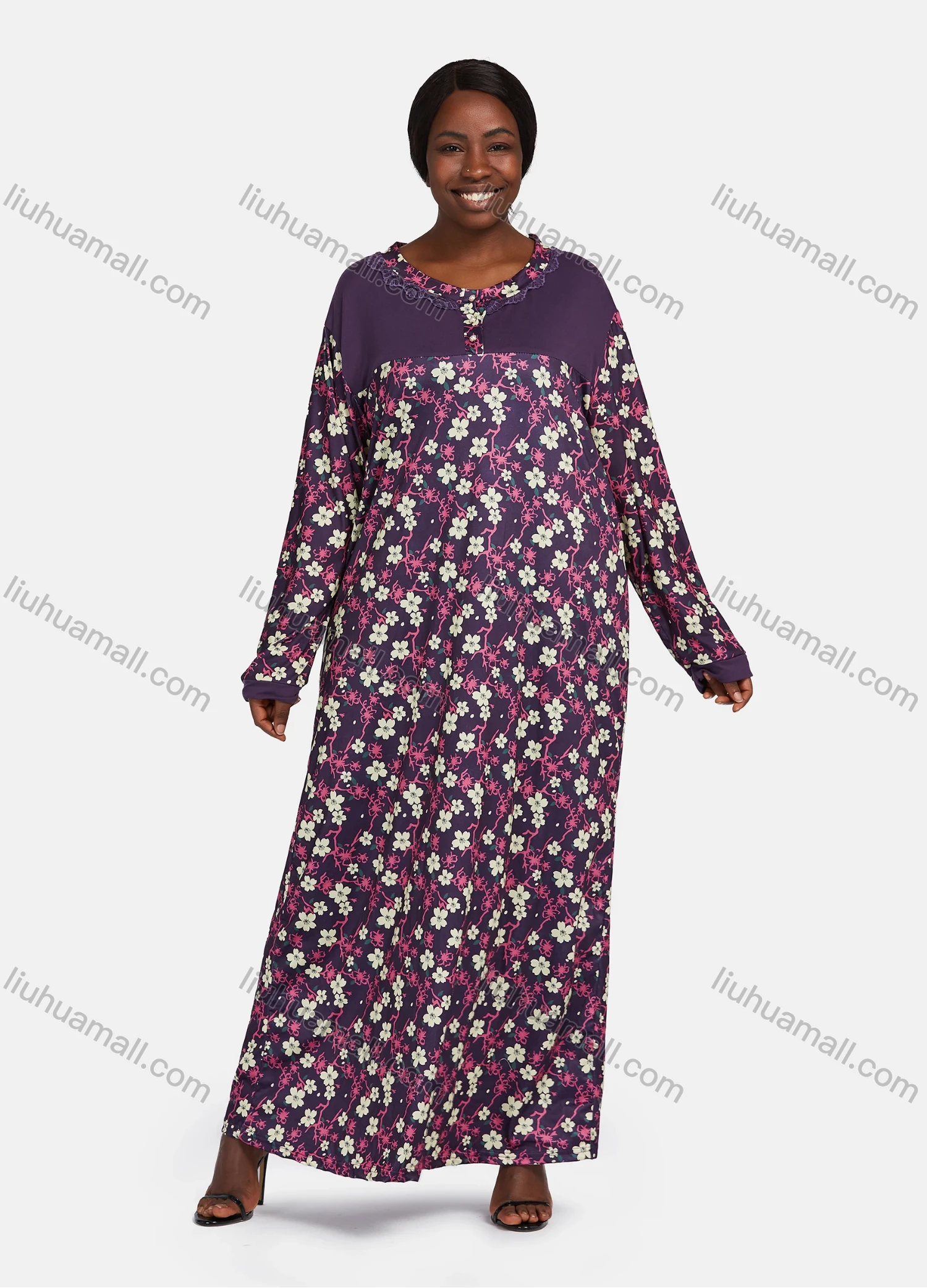 Wholesale Women's Vintage Lounge Long Sleeve Allover Floral Print Splicing Lace Trim Button Front Maxi Nightgown - Liuhuamall