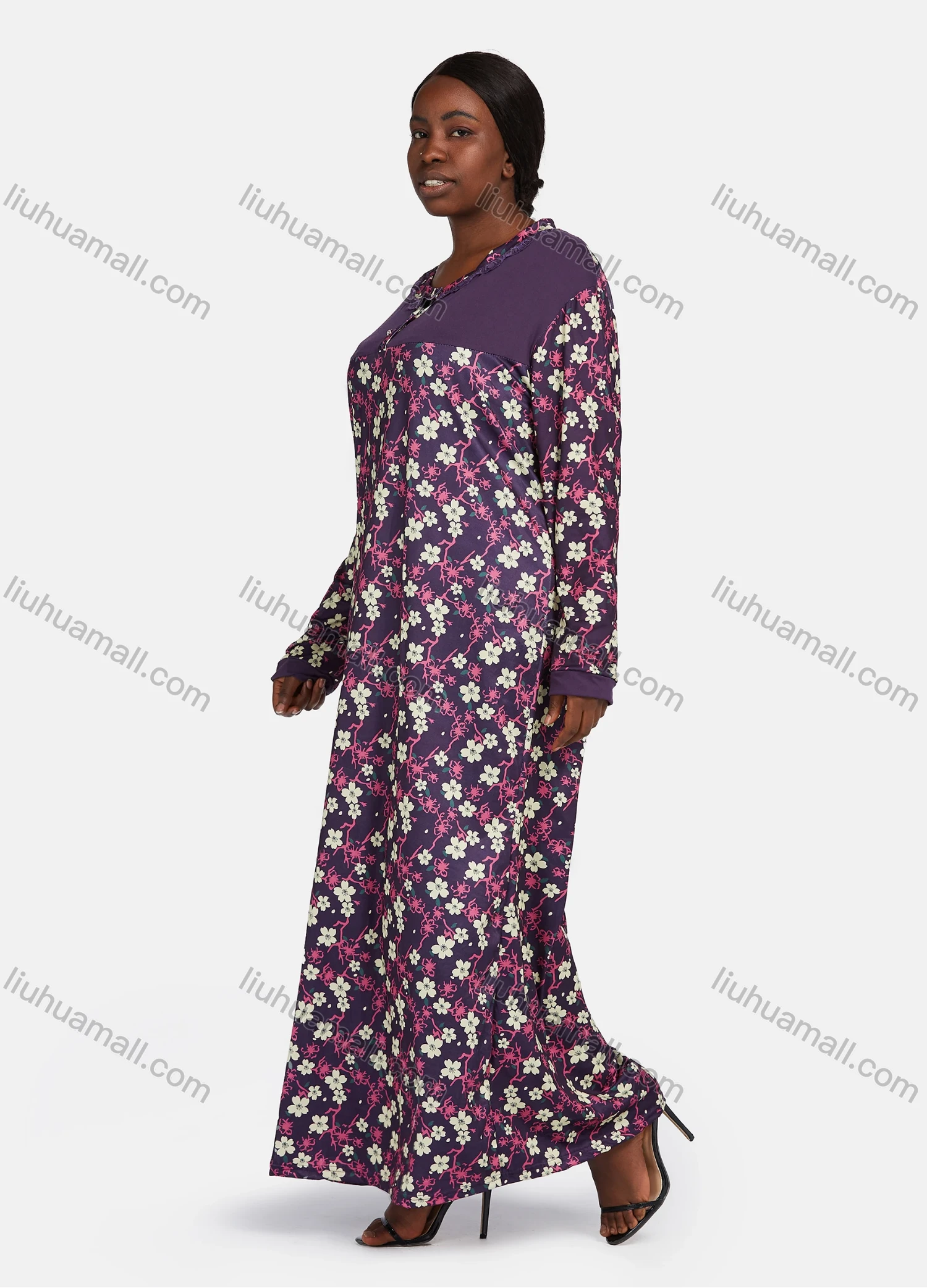 Wholesale Women's Vintage Lounge Long Sleeve Allover Floral Print Splicing Lace Trim Button Front Maxi Nightgown - Liuhuamall