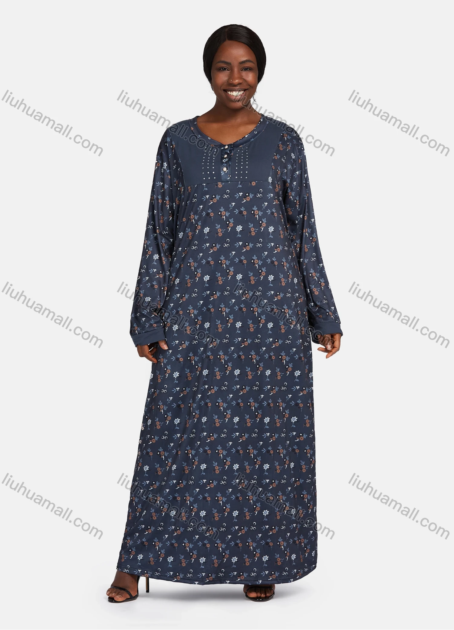 Wholesale Women's Vintage Lounge Long Sleeve Button Front Drop Shoulder Rhinestone Allover Floral Print Splicing Maxi Nightgown - Liuhuamall