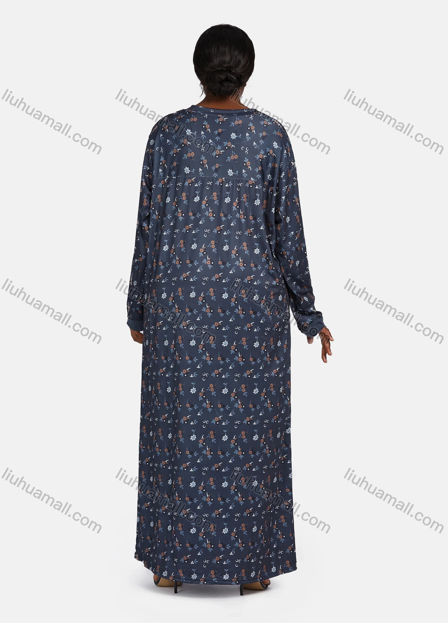 Wholesale Women's Vintage Lounge Long Sleeve Button Front Drop Shoulder Rhinestone Allover Floral Print Splicing Maxi Nightgown - Liuhuamall