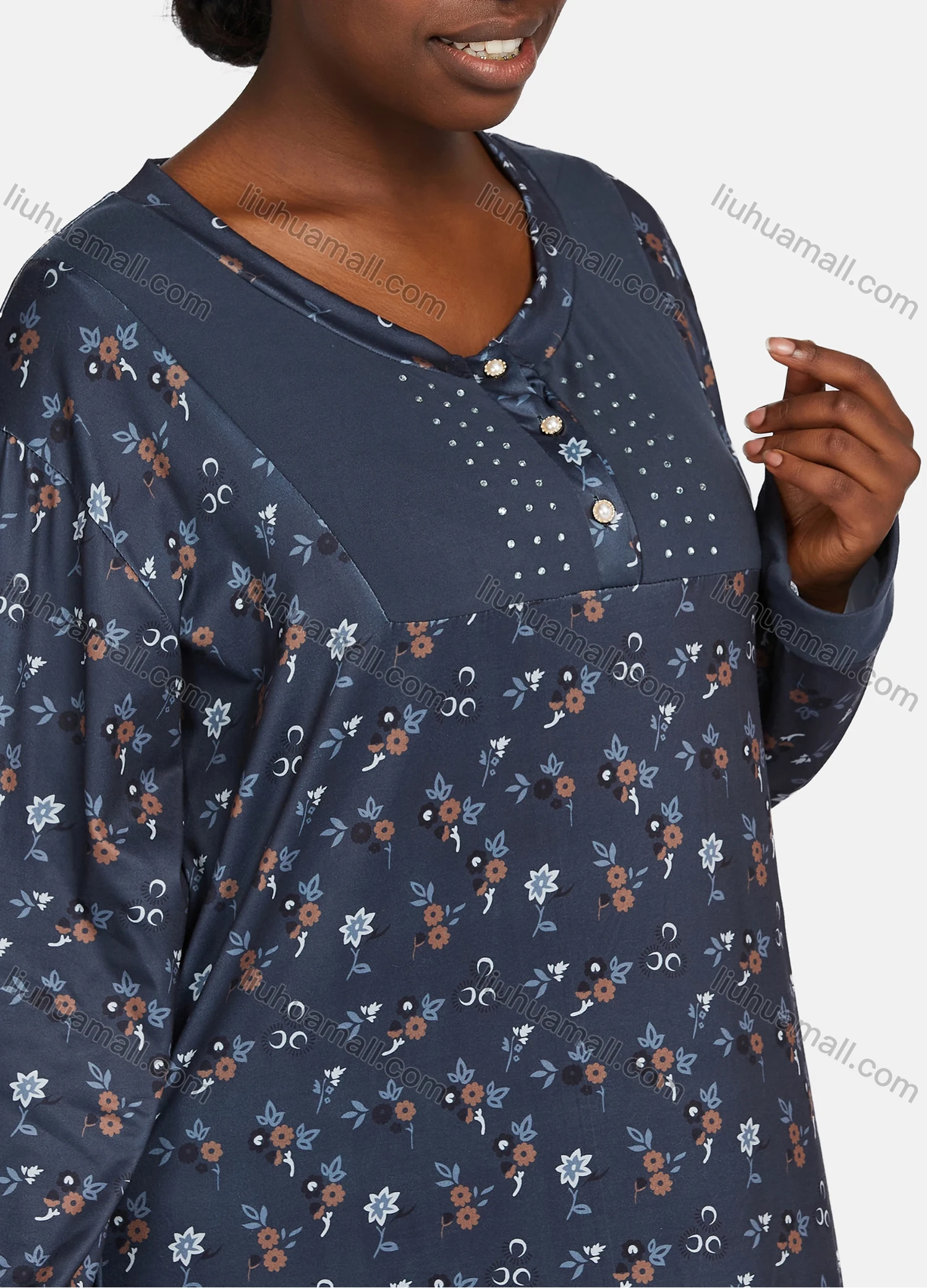Wholesale Women's Vintage Lounge Long Sleeve Button Front Drop Shoulder Rhinestone Allover Floral Print Splicing Maxi Nightgown - Liuhuamall