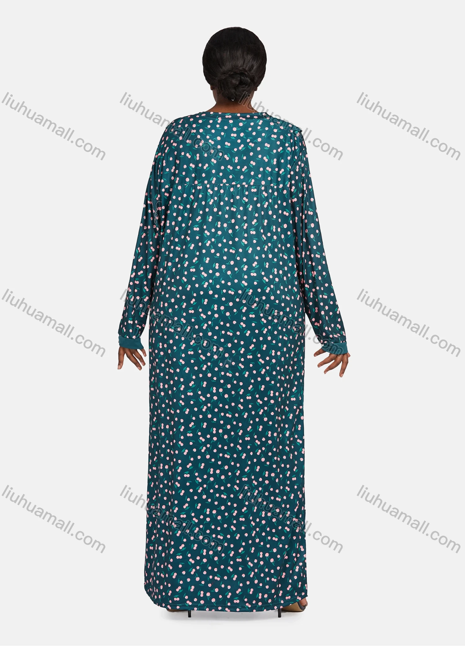 Wholesale Women's Vintage Long Sleeve Drop Shoulder Allover Print Lace Trim Pleated Button Front Maxi Nightgown 1478-237910# - Liuhuamall