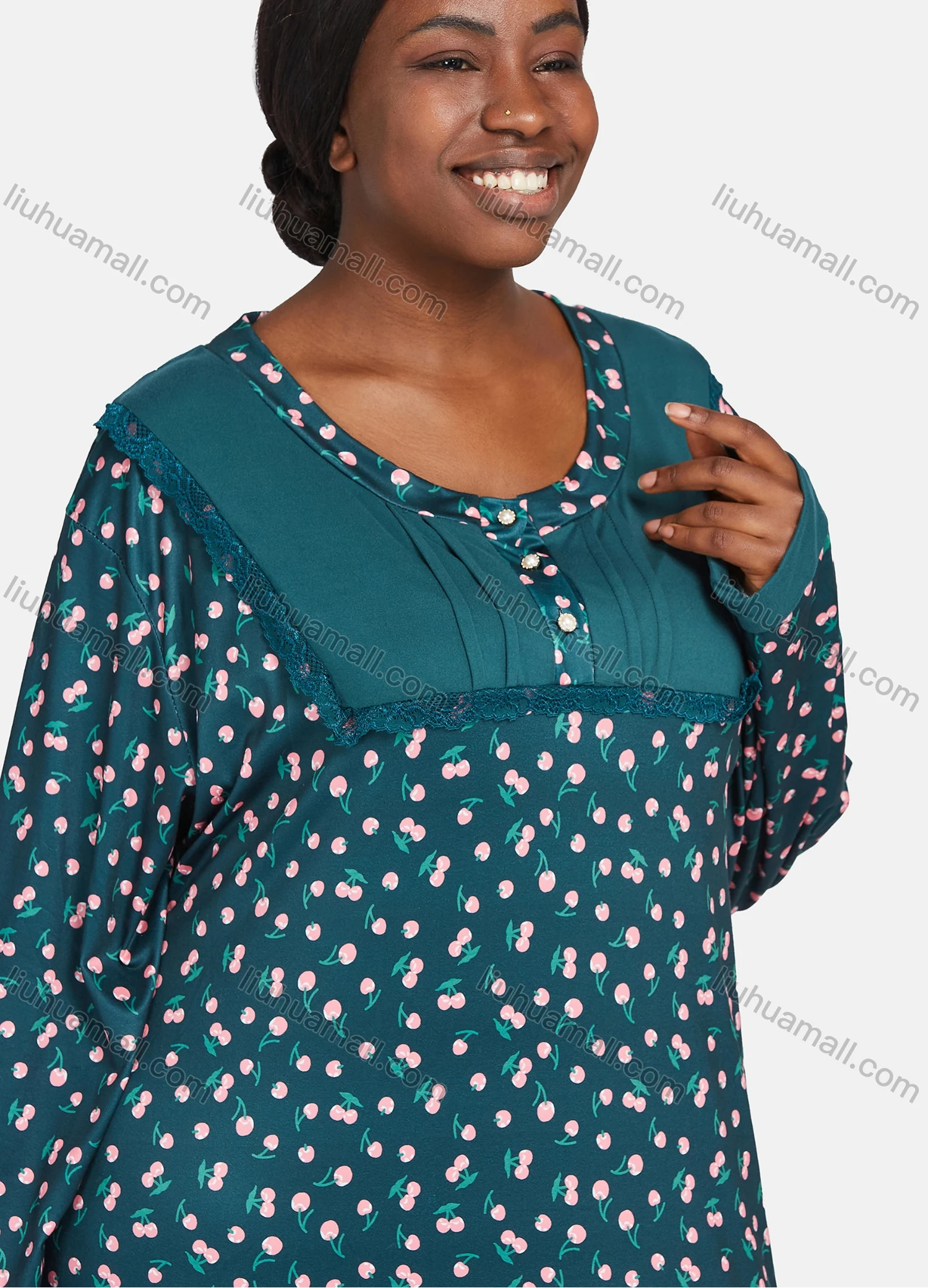 Wholesale Women's Vintage Long Sleeve Drop Shoulder Allover Print Lace Trim Pleated Button Front Maxi Nightgown 1478-237910# - Liuhuamall