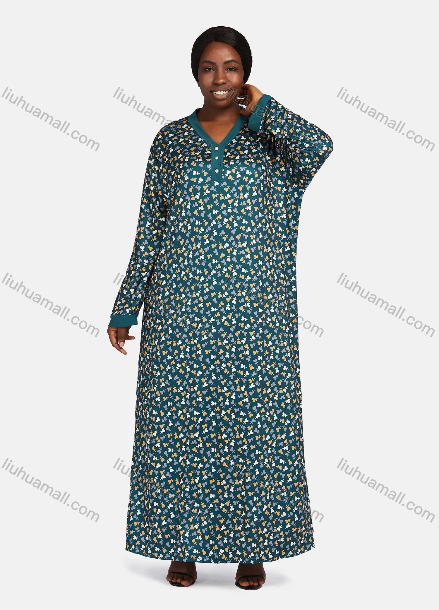 Wholesale Women's Vintage Lounge V Neck Long Sleeve Button Front Allover Print Maxi Nightgown 1478-244983# - Liuhuamall
