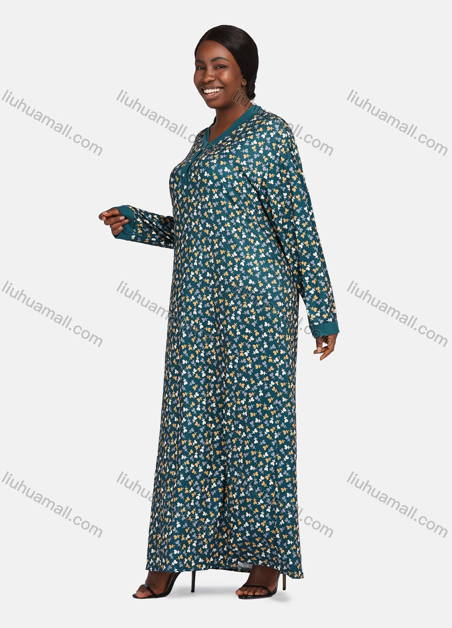 Wholesale Women's Vintage Lounge V Neck Long Sleeve Button Front Allover Print Maxi Nightgown 1478-244983# - Liuhuamall