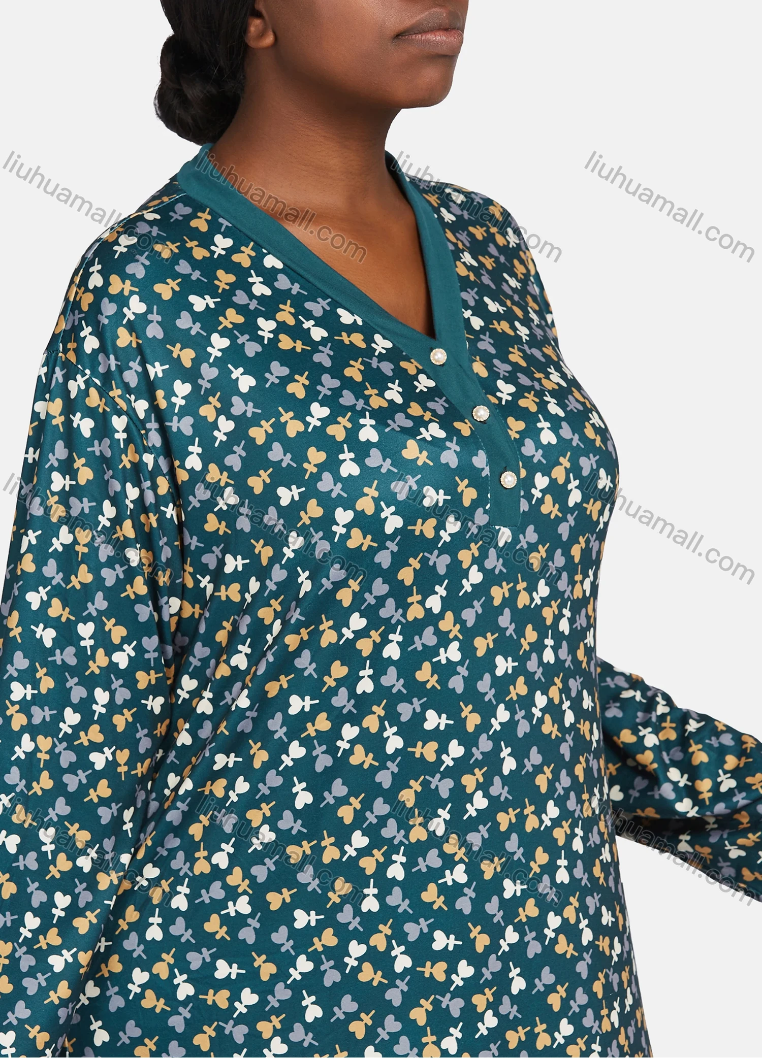 Wholesale Women's Vintage Lounge V Neck Long Sleeve Button Front Allover Print Maxi Nightgown 1478-244983# - Liuhuamall