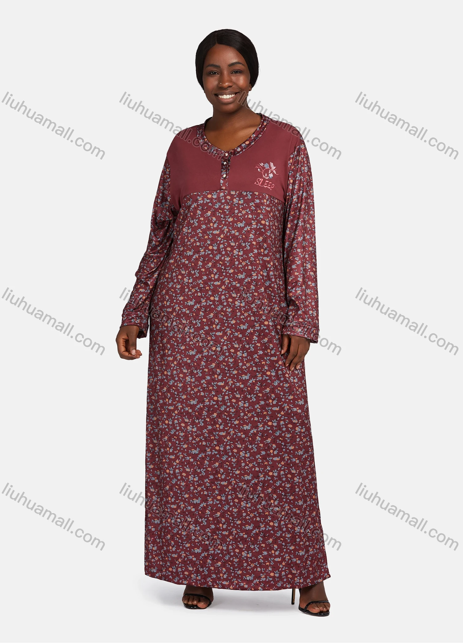 Wholesale Women's Vintage Long Sleeve Embroidery Pattern Ditsy Floral Print Button Front Splicing Maxi Nightgown - Liuhuamall
