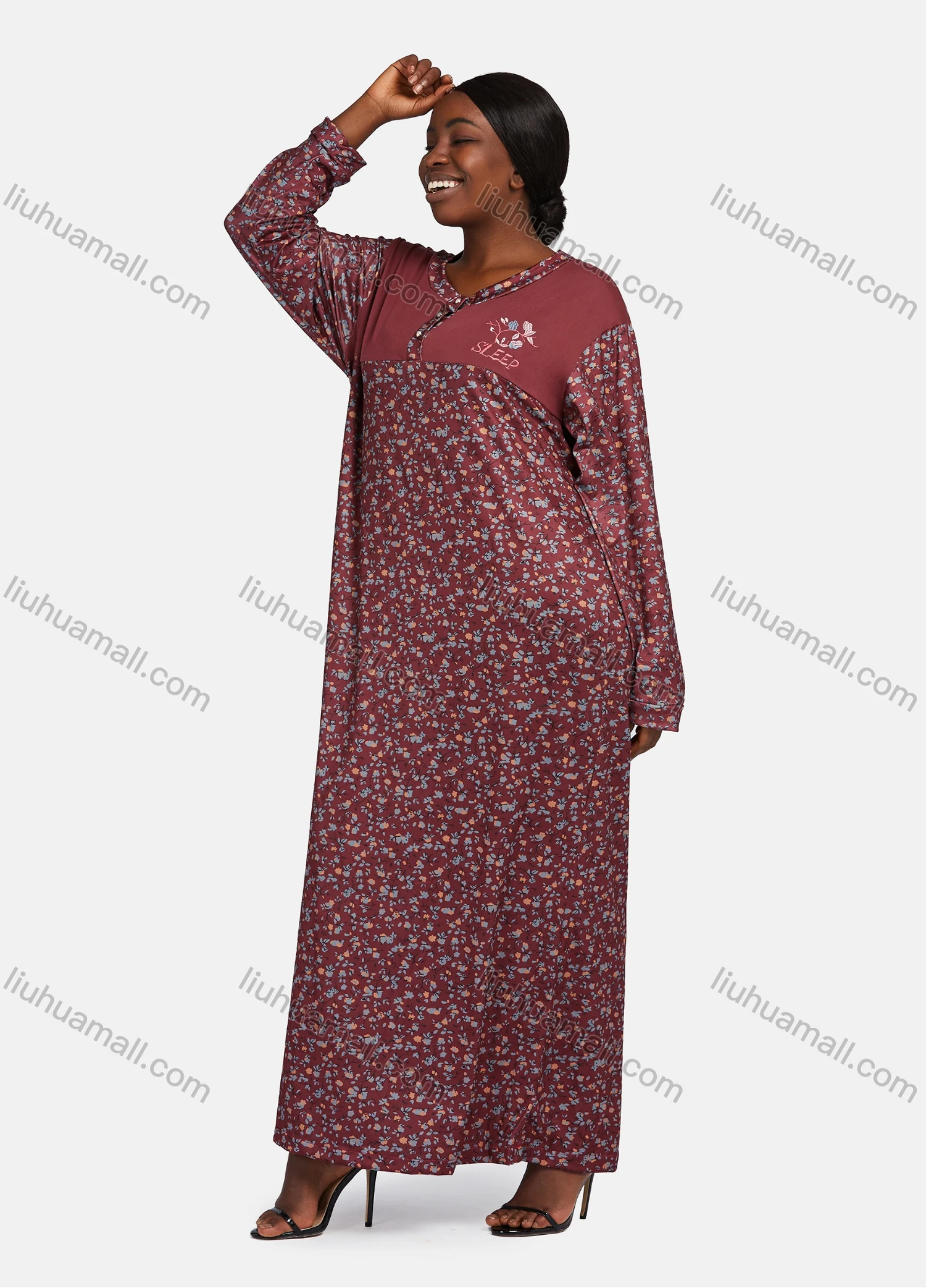 Wholesale Women's Vintage Long Sleeve Embroidery Pattern Ditsy Floral Print Button Front Splicing Maxi Nightgown - Liuhuamall
