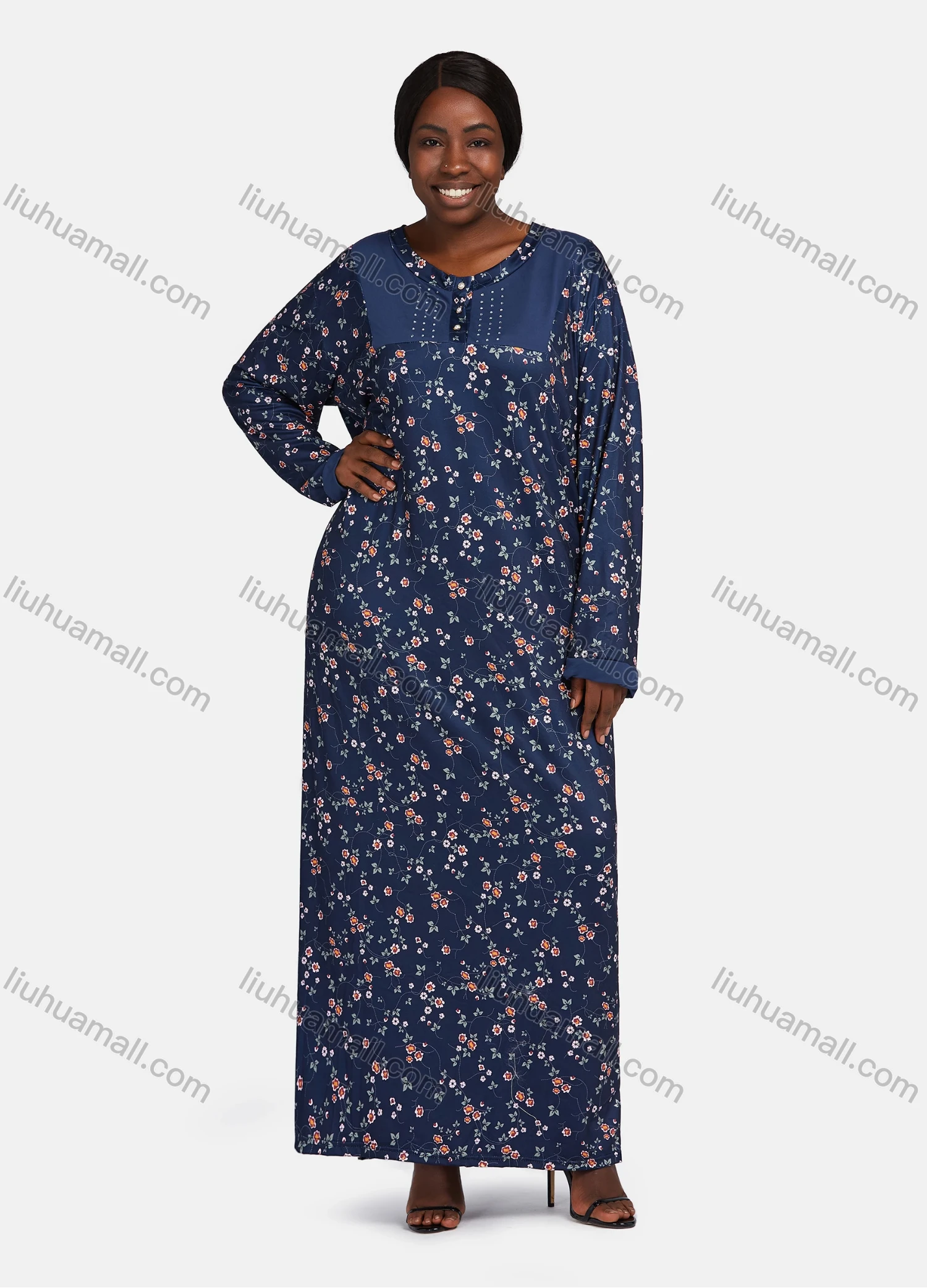 Wholesale Women's Vintage Long Sleeve Button Front Floral Print Rhinestone Splicing Maxi Nightgown - Liuhuamall