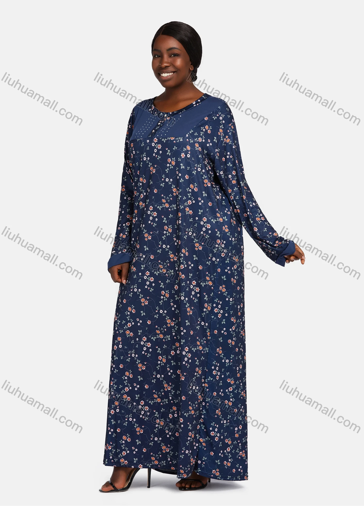 Wholesale Women's Vintage Long Sleeve Button Front Floral Print Rhinestone Splicing Maxi Nightgown - Liuhuamall