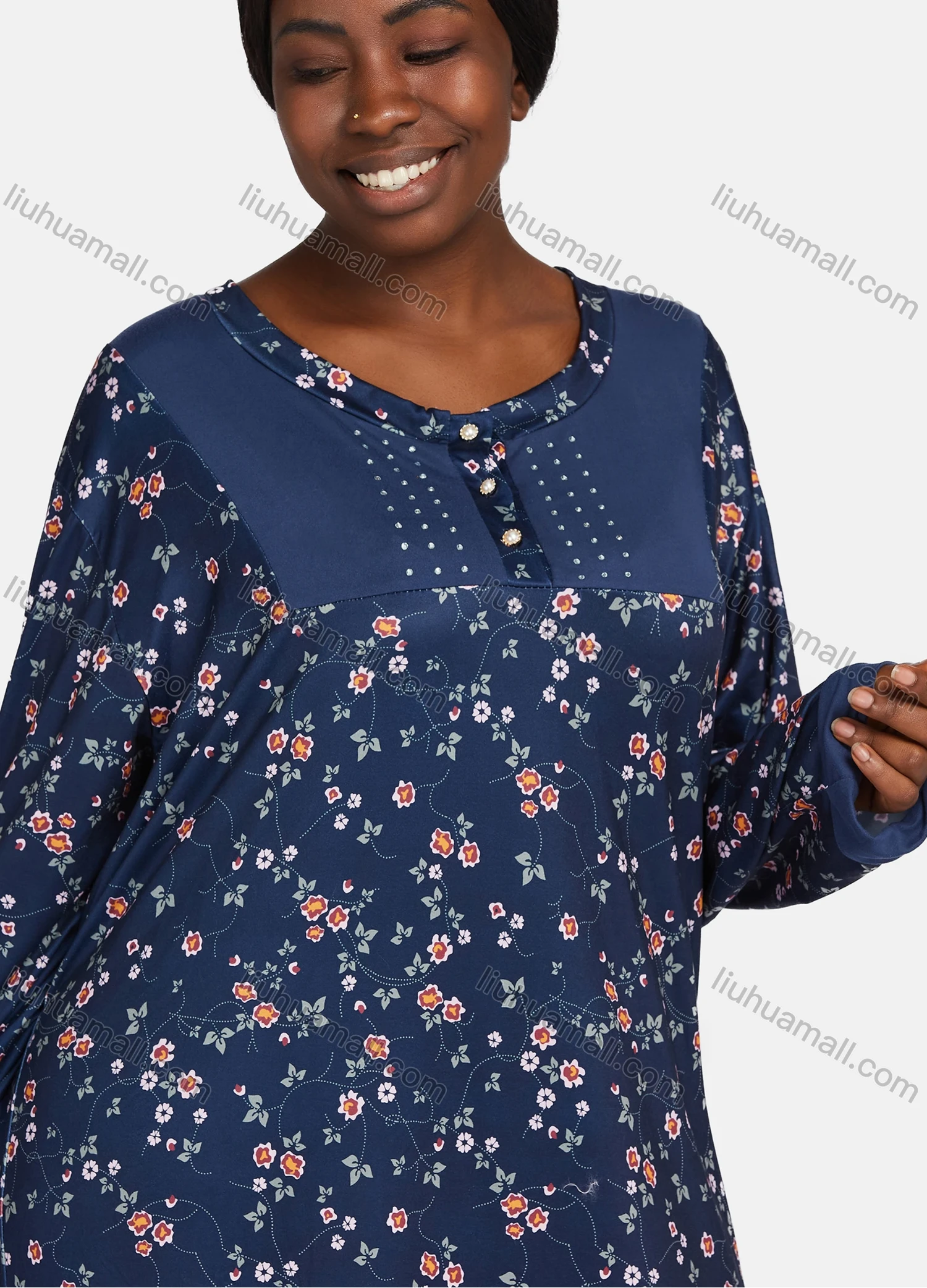 Wholesale Women's Vintage Long Sleeve Button Front Floral Print Rhinestone Splicing Maxi Nightgown - Liuhuamall