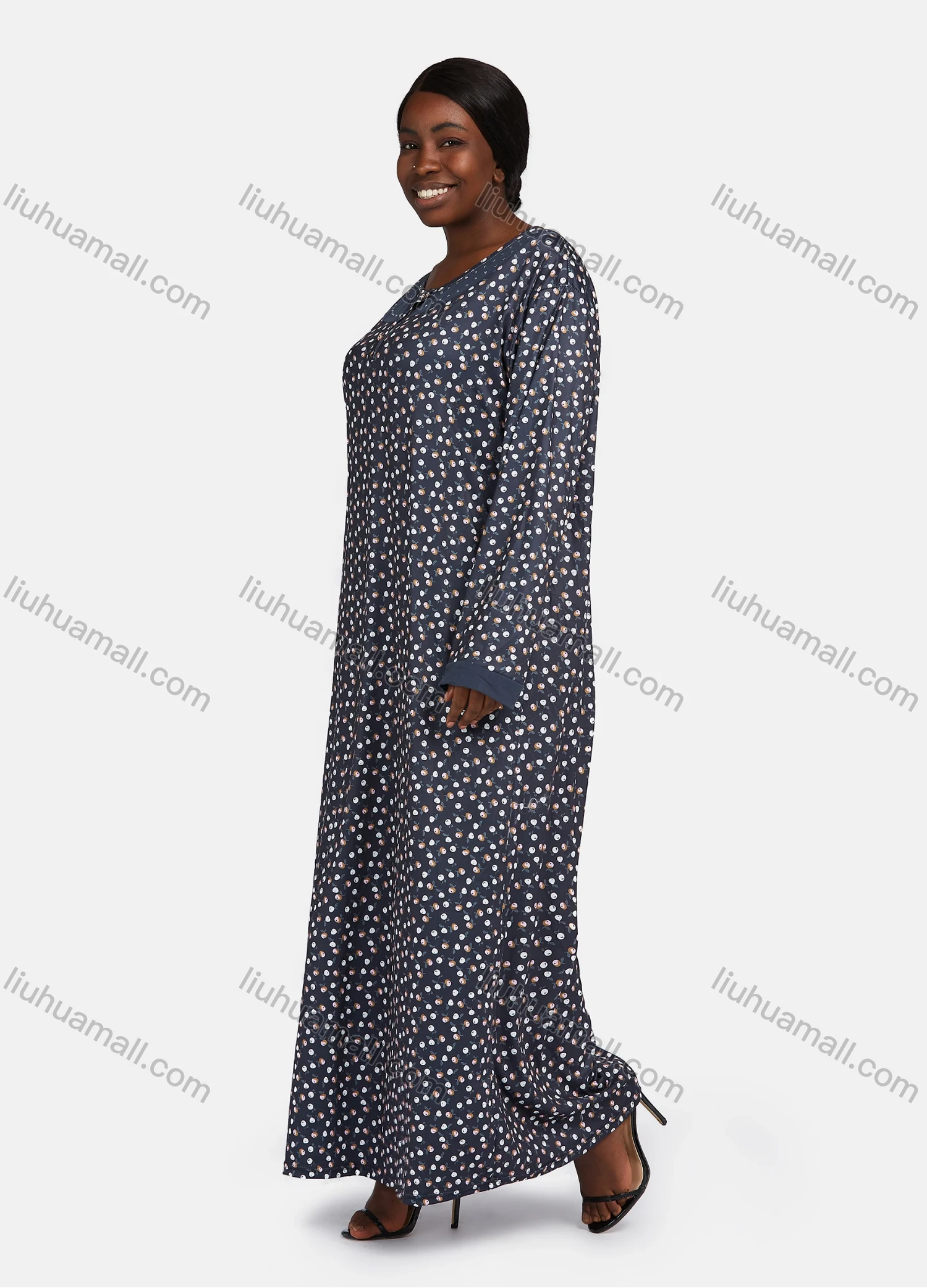 Wholesale Women's Vintage Long Sleeve Crew Neck Button Front Allover Print Splicing Maxi Nightgown - Liuhuamall