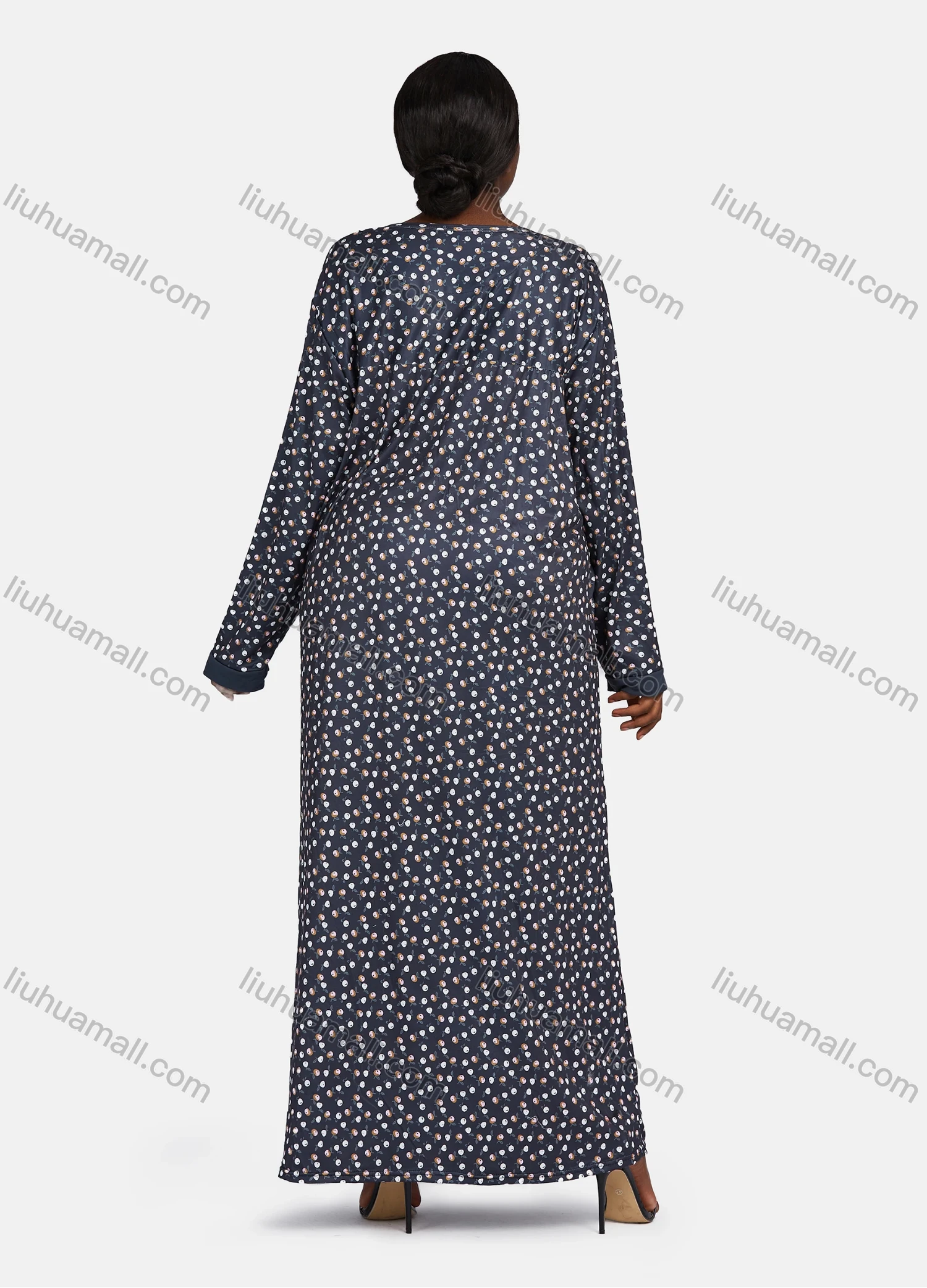 Wholesale Women's Vintage Long Sleeve Crew Neck Button Front Allover Print Splicing Maxi Nightgown - Liuhuamall