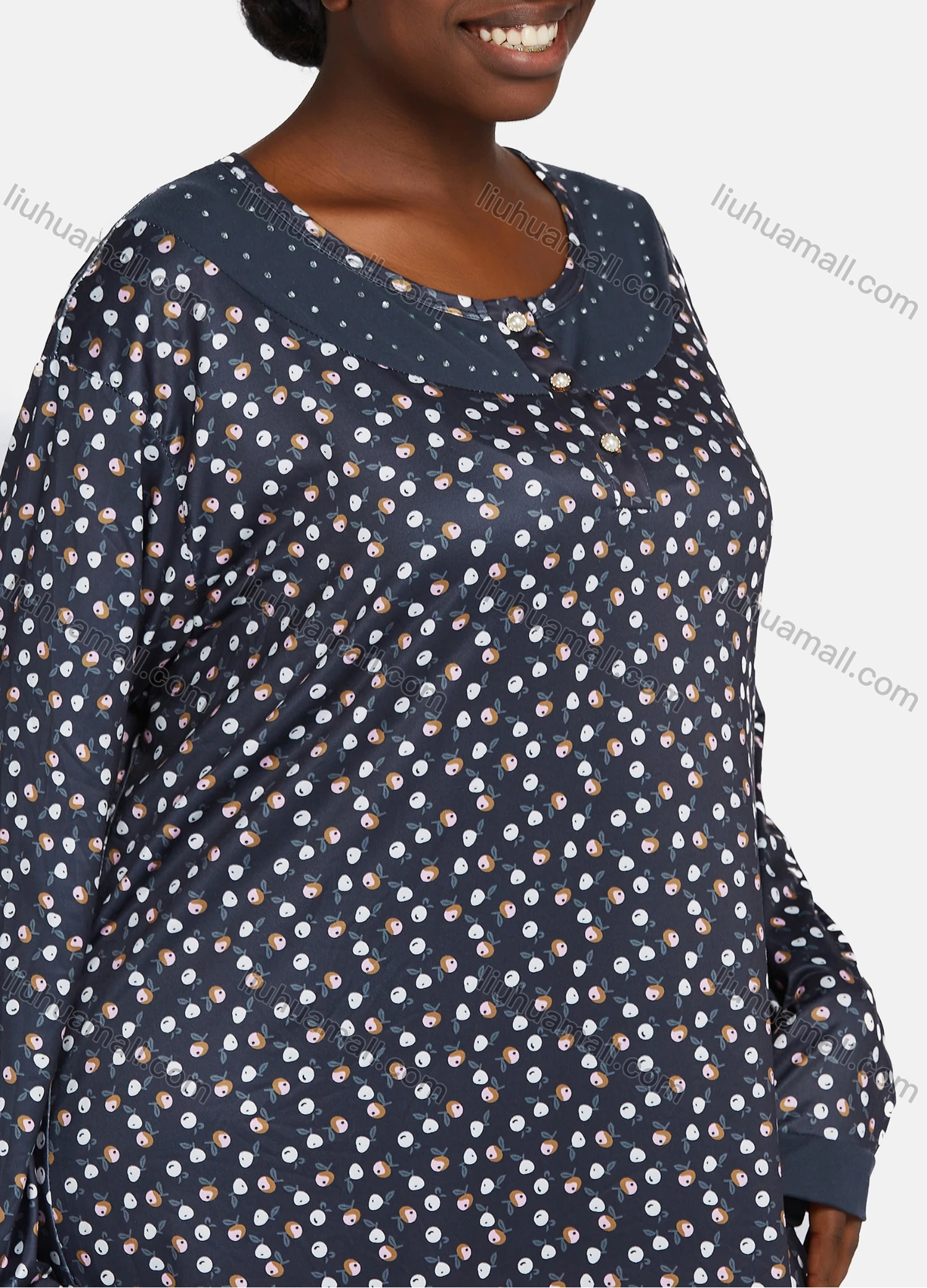 Wholesale Women's Vintage Long Sleeve Crew Neck Button Front Allover Print Splicing Maxi Nightgown - Liuhuamall