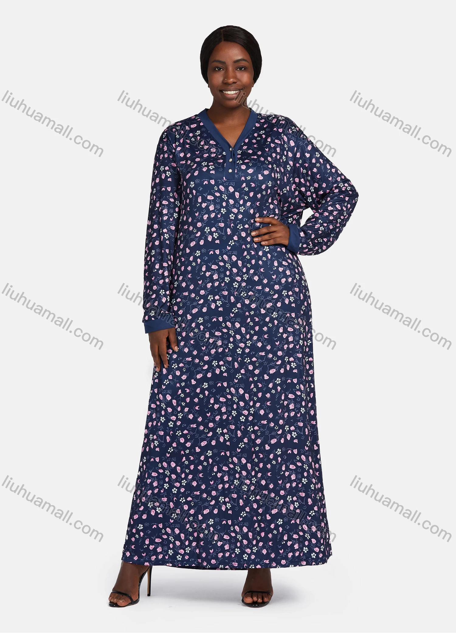 Wholesale Women's Vintage V Neck Long Sleeve Button Front Allover Floral Print Maxi Nightgown - Liuhuamall