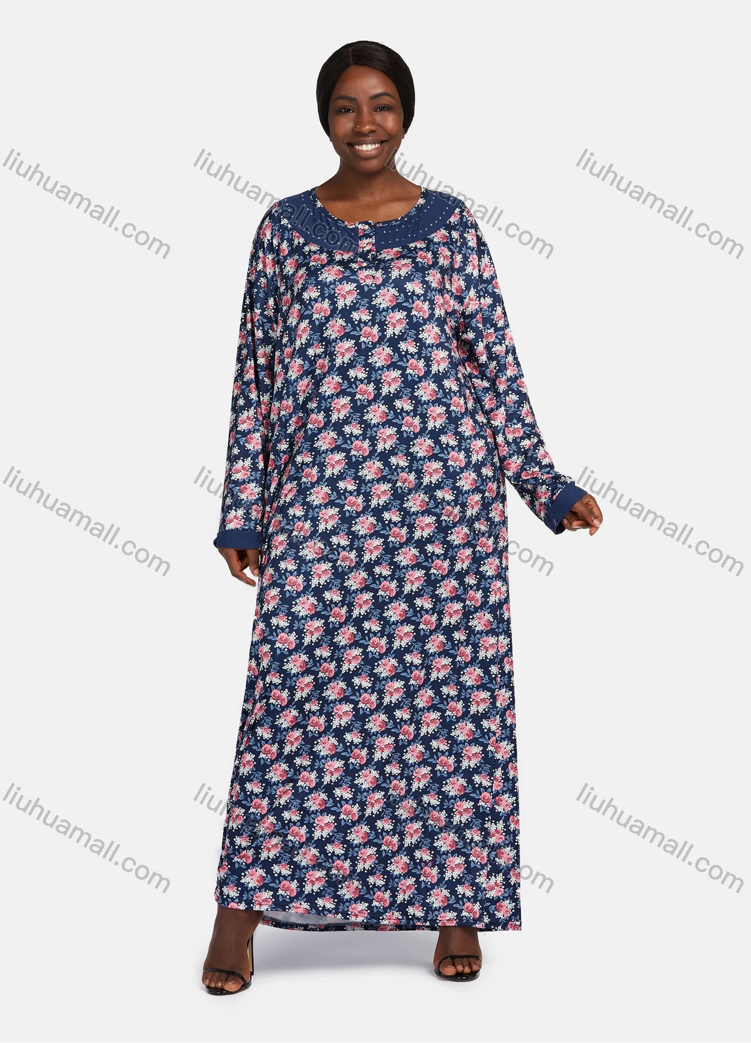 Wholesale Women's Vintage Crew Neck Long Sleeve Allover Floral Print Splicing Maxi Nightgown - Liuhuamall