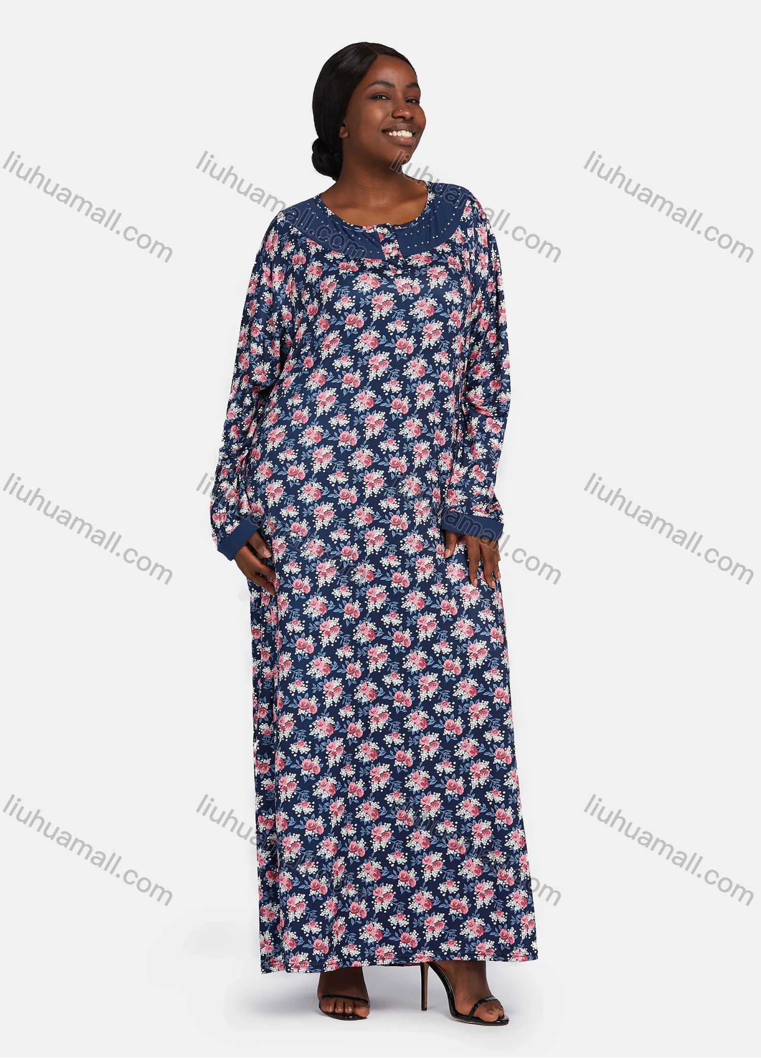Wholesale Women's Vintage Crew Neck Long Sleeve Allover Floral Print Splicing Maxi Nightgown - Liuhuamall