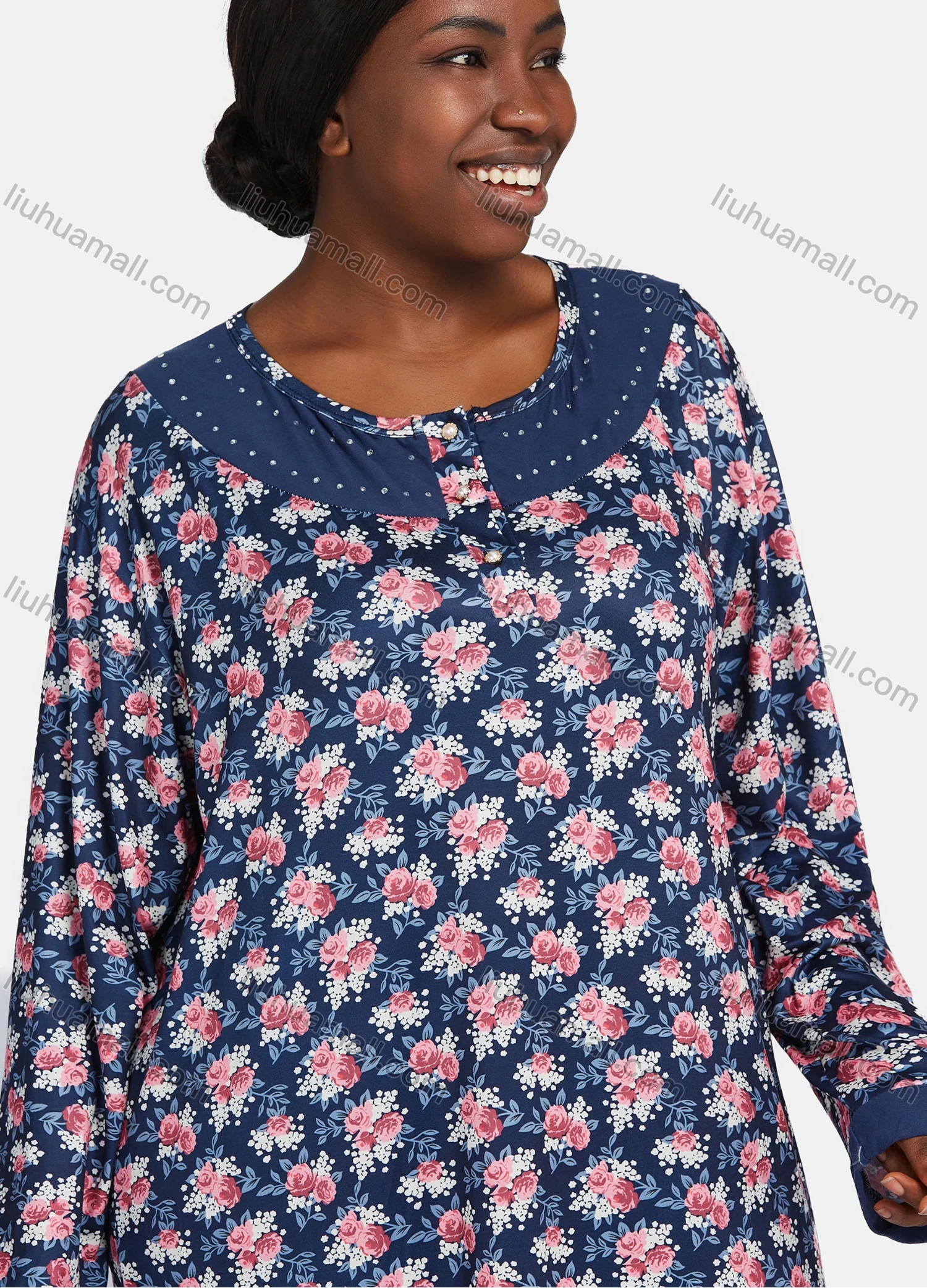 Wholesale Women's Vintage Crew Neck Long Sleeve Allover Floral Print Splicing Maxi Nightgown - Liuhuamall