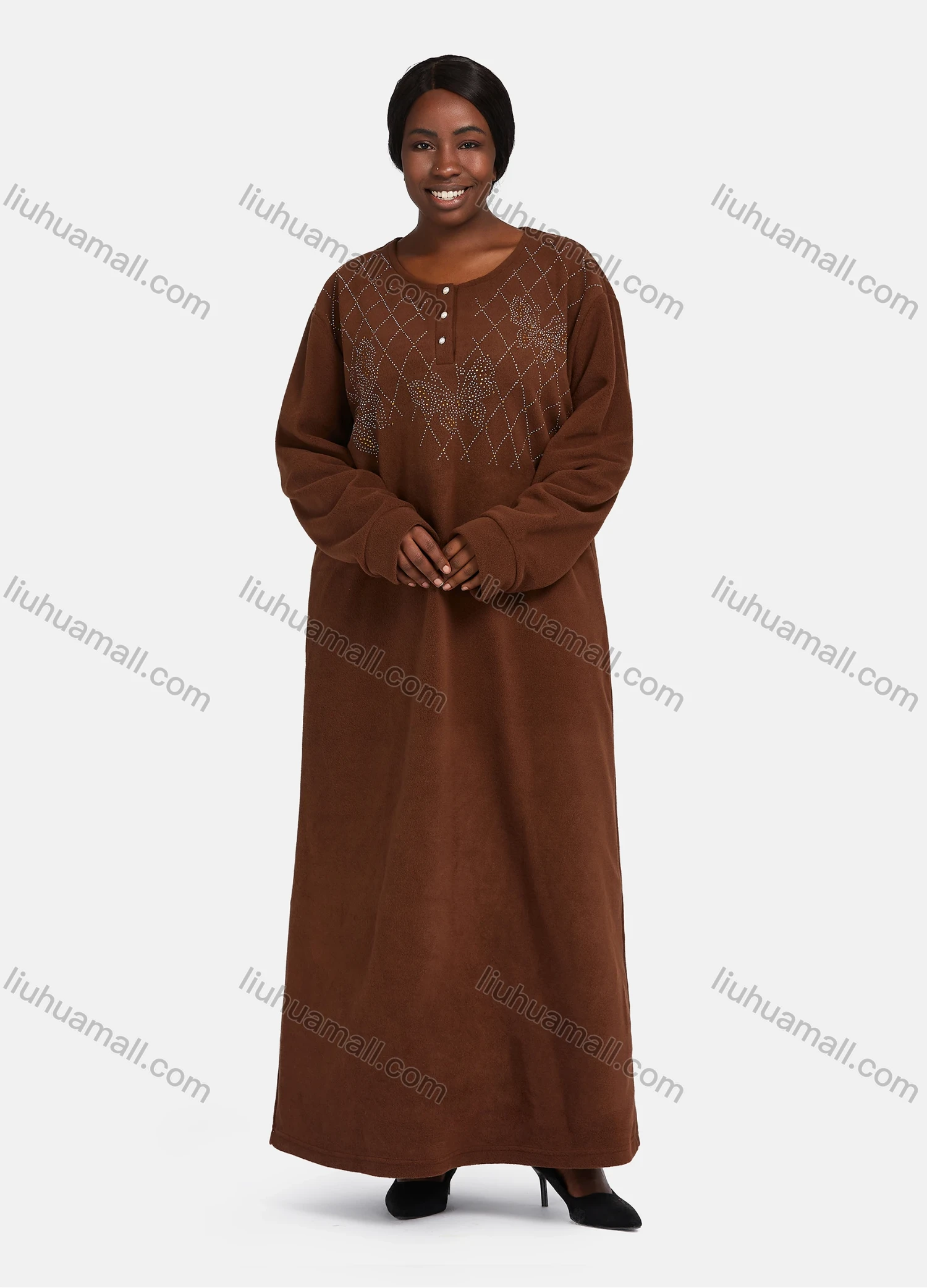 Wholesale Women's Vintage Soft Crew Neck Button Front Long Sleeve Rhinestone Plain Butterfly Maxi Nightgown - Liuhuamall