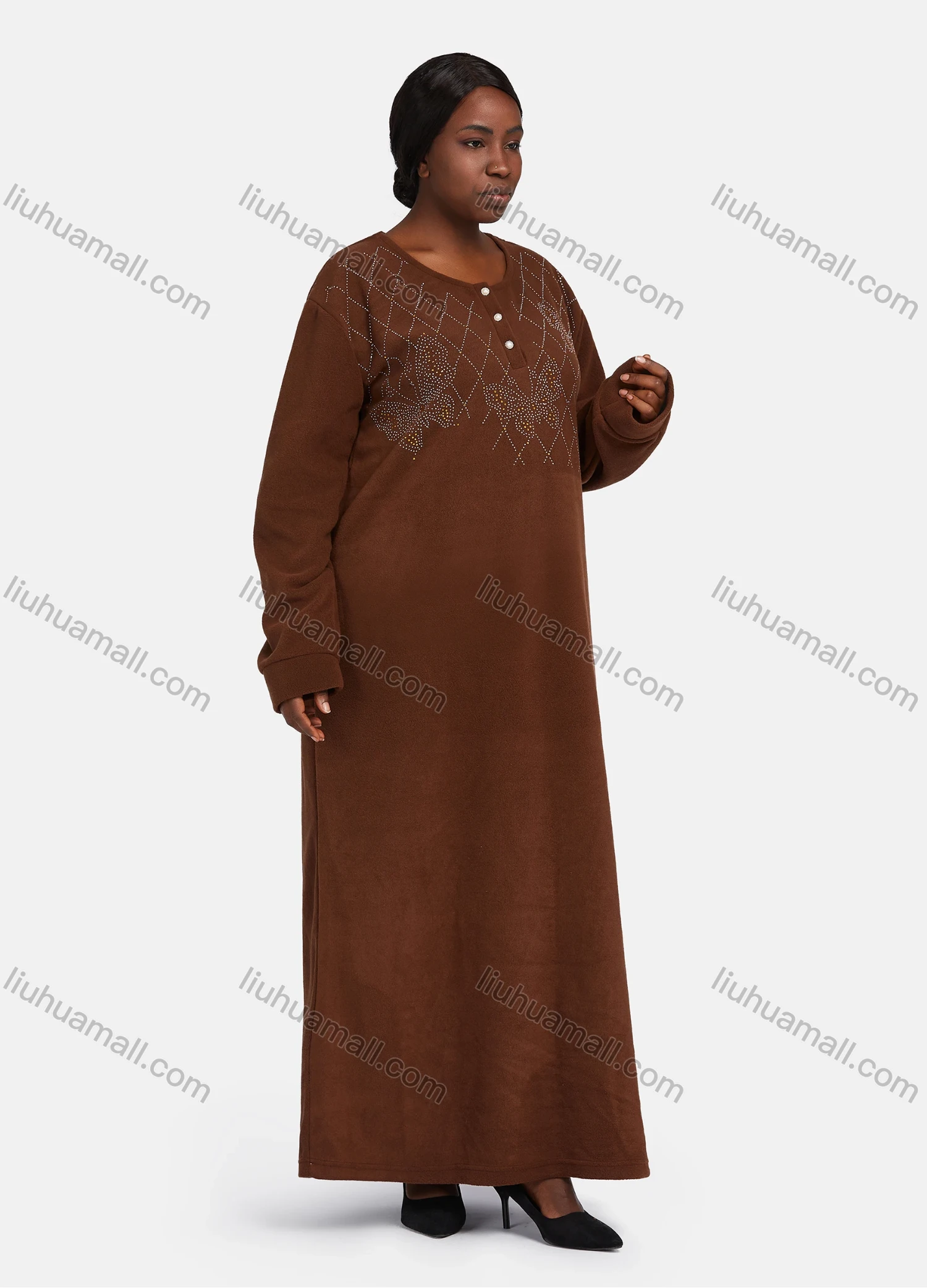 Wholesale Women's Vintage Soft Crew Neck Button Front Long Sleeve Rhinestone Plain Butterfly Maxi Nightgown - Liuhuamall