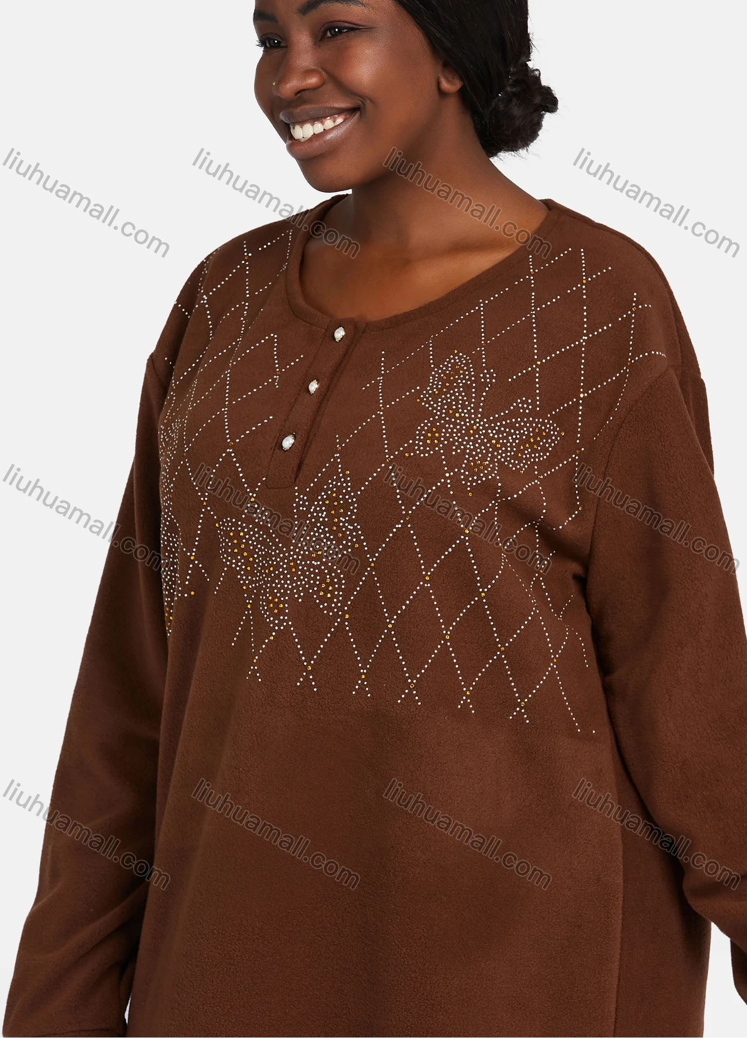 Wholesale Women's Vintage Soft Crew Neck Button Front Long Sleeve Rhinestone Plain Butterfly Maxi Nightgown - Liuhuamall