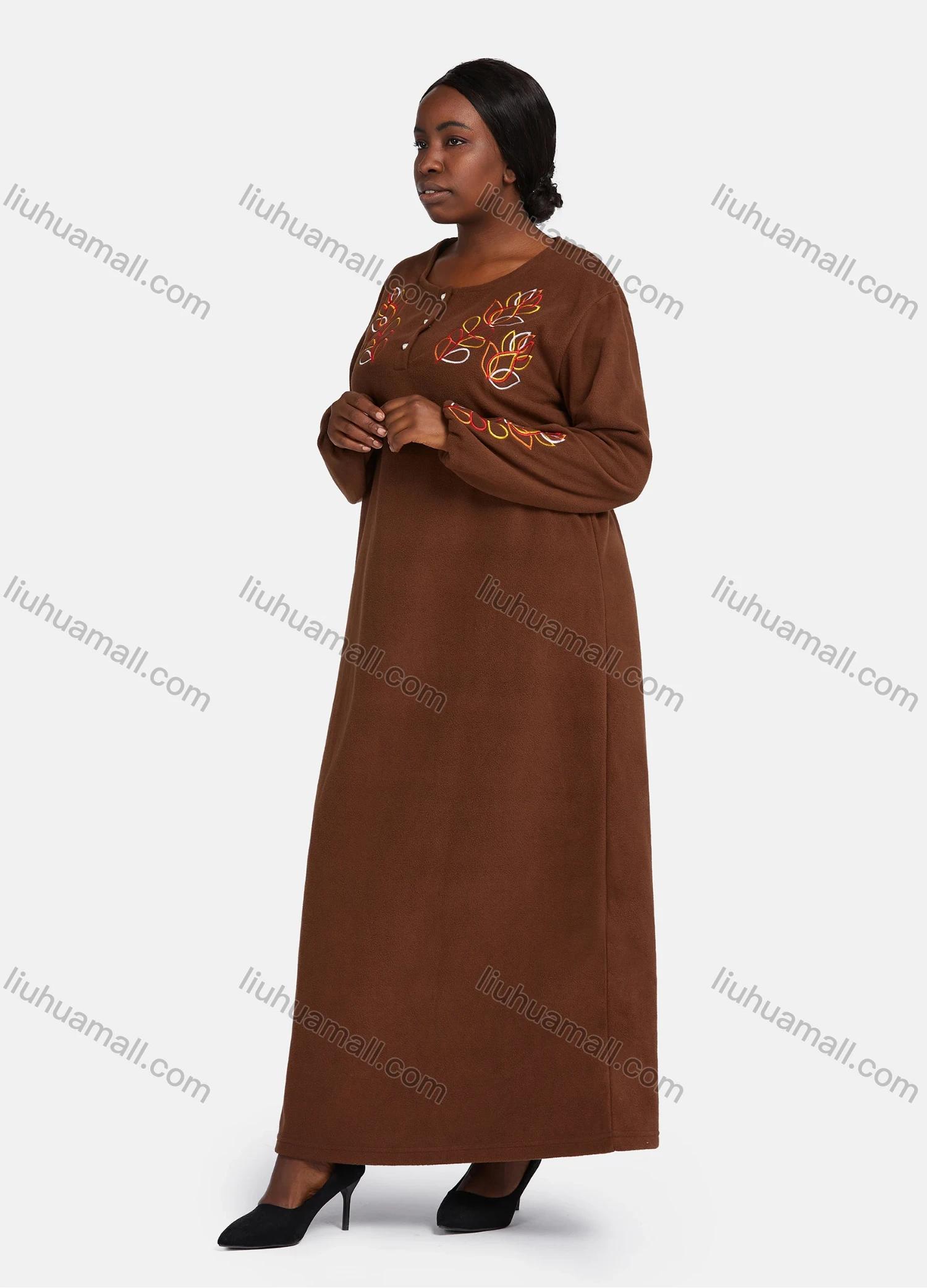 Wholesale Women's Vintage Comfy Crew Neck Long Sleeve Embroidery Pattern Button Front Maxi Nightgown - Liuhuamall