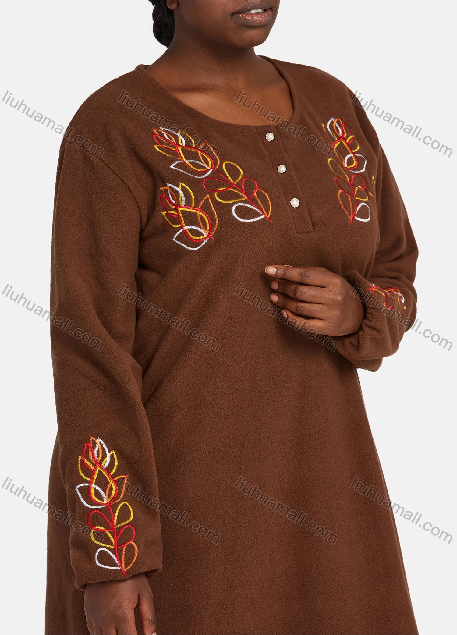 Wholesale Women's Vintage Comfy Crew Neck Long Sleeve Embroidery Pattern Button Front Maxi Nightgown - Liuhuamall
