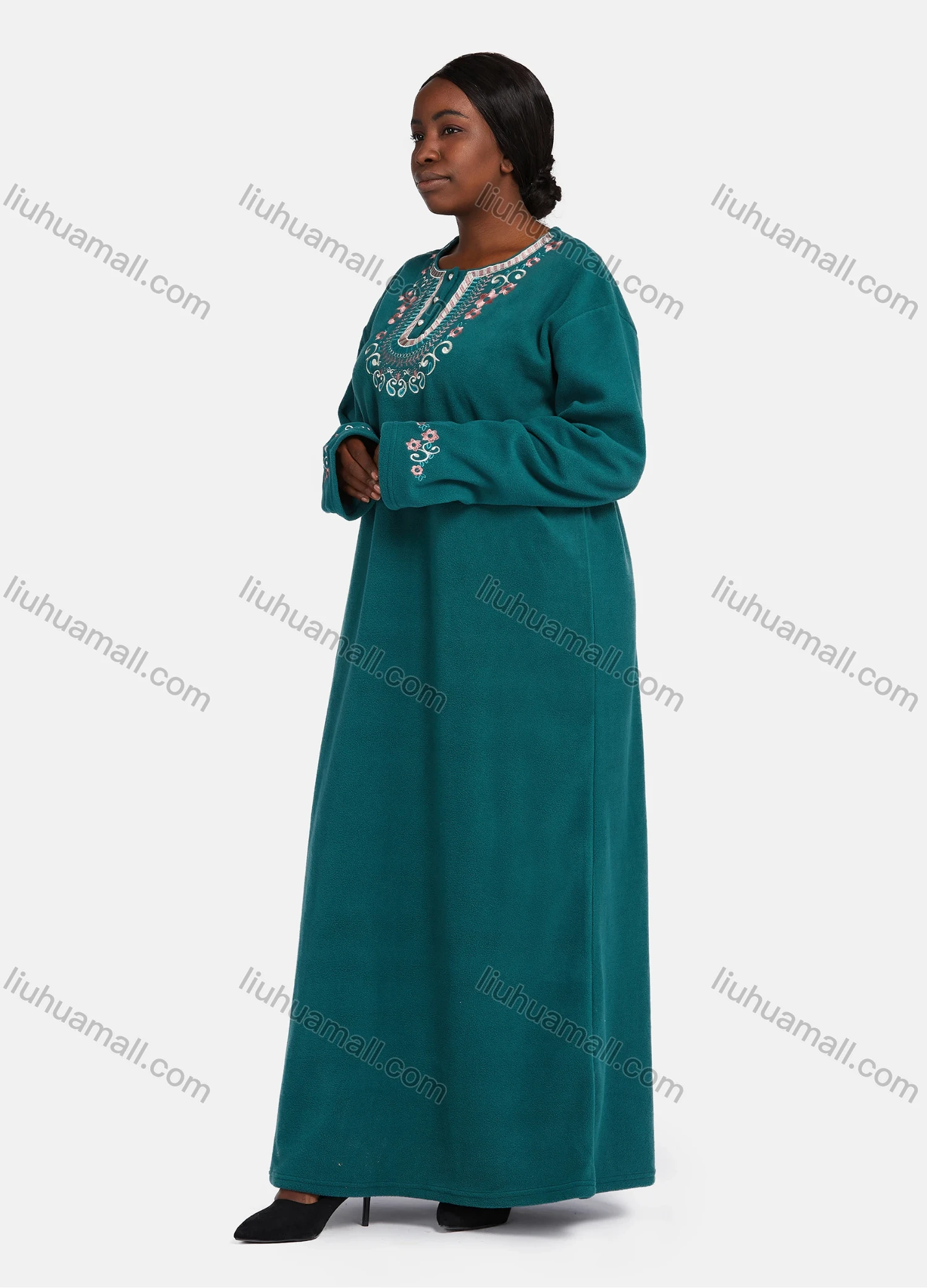 Wholesale Women's Vintage Crew Neck Button Front Long Sleeve Paisley Embroidery Pattern Maxi Nightgown - Liuhuamall