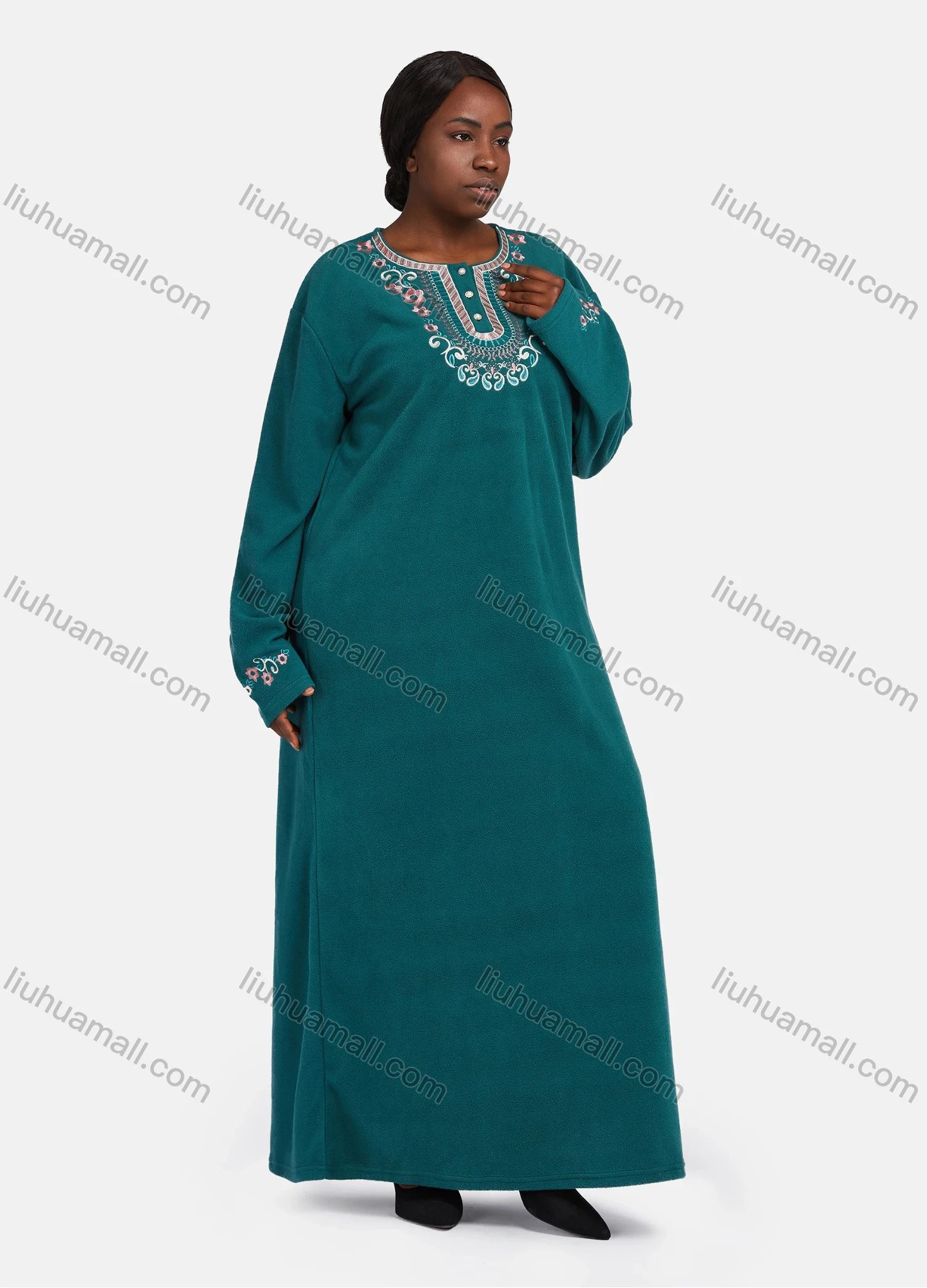 Wholesale Women's Vintage Crew Neck Button Front Long Sleeve Paisley Embroidery Pattern Maxi Nightgown - Liuhuamall