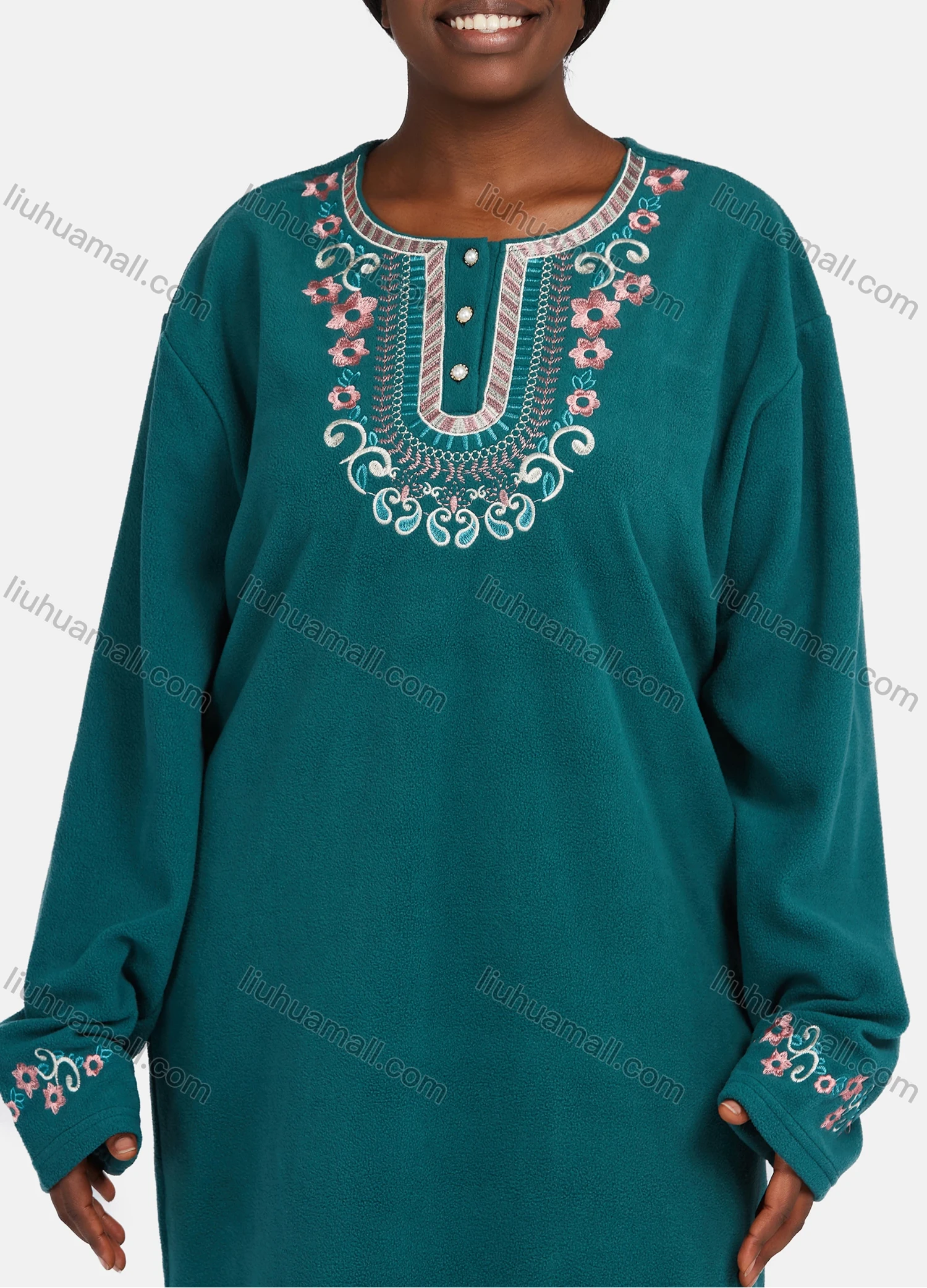 Wholesale Women's Vintage Crew Neck Button Front Long Sleeve Paisley Embroidery Pattern Maxi Nightgown - Liuhuamall