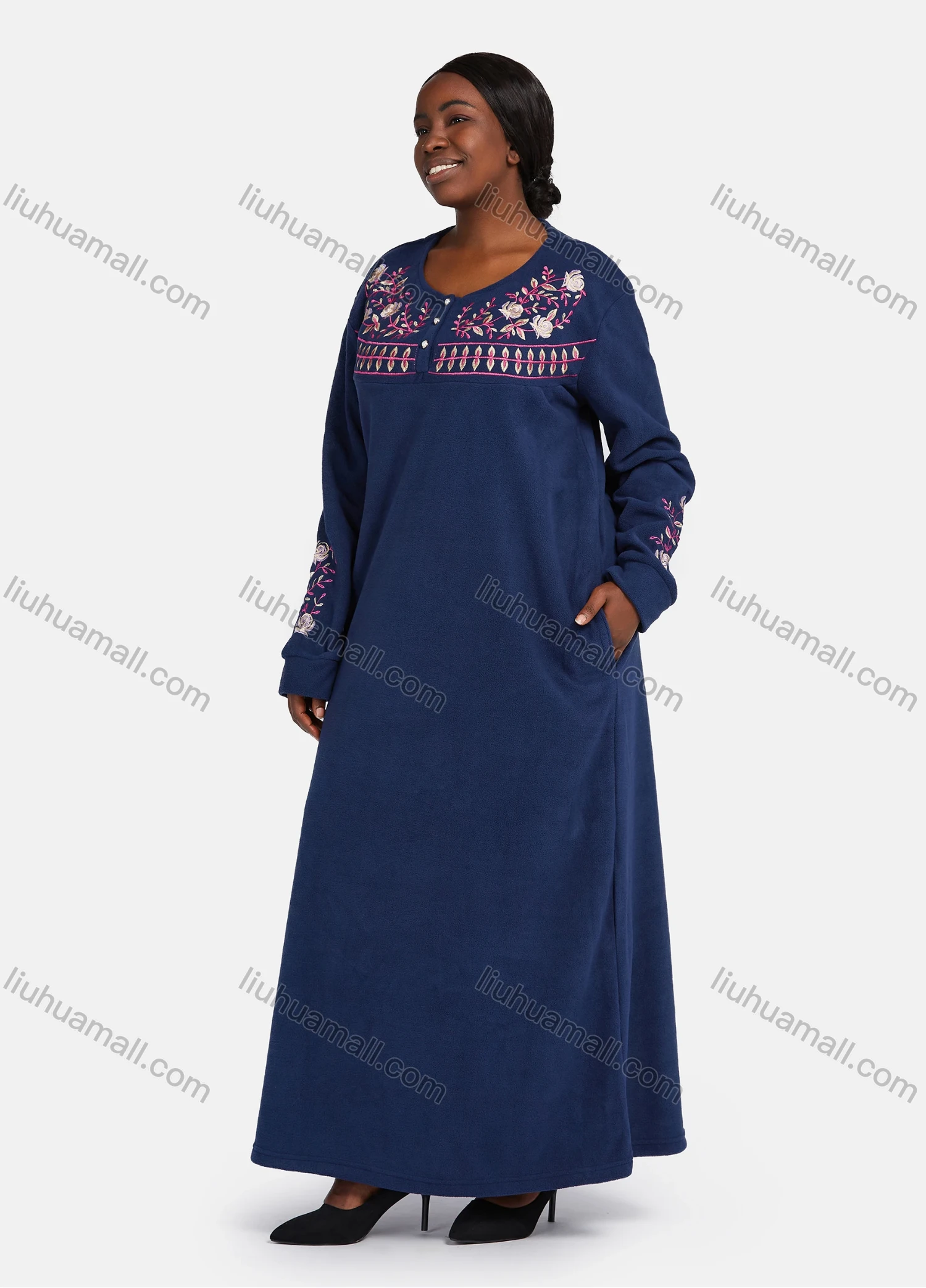 Wholesale Women's Vintage Crew Neck Button Front Long Sleeve Floral Embroidery Pattern Patch Pocket Maxi Nightgown - Liuhuamall