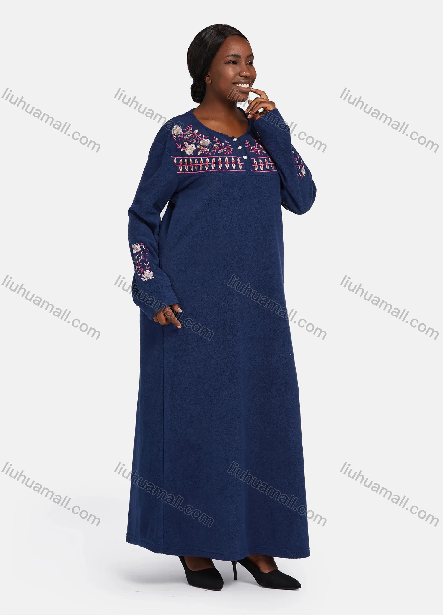 Wholesale Women's Vintage Crew Neck Button Front Long Sleeve Floral Embroidery Pattern Patch Pocket Maxi Nightgown - Liuhuamall