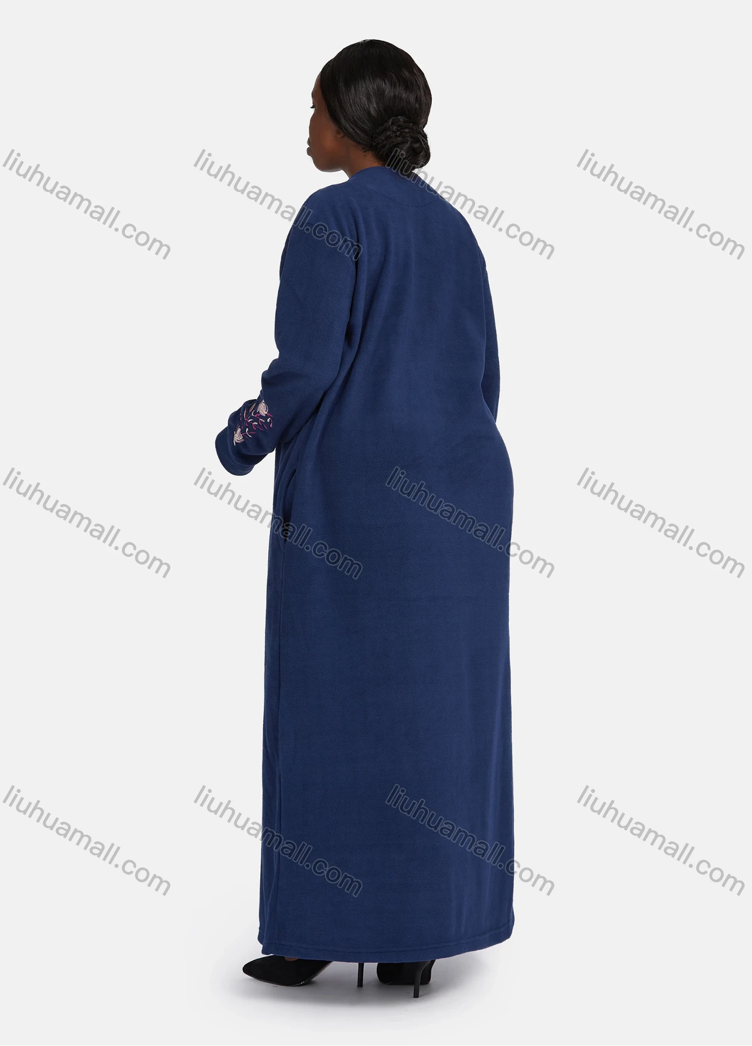 Wholesale Women's Vintage Crew Neck Button Front Long Sleeve Floral Embroidery Pattern Patch Pocket Maxi Nightgown - Liuhuamall