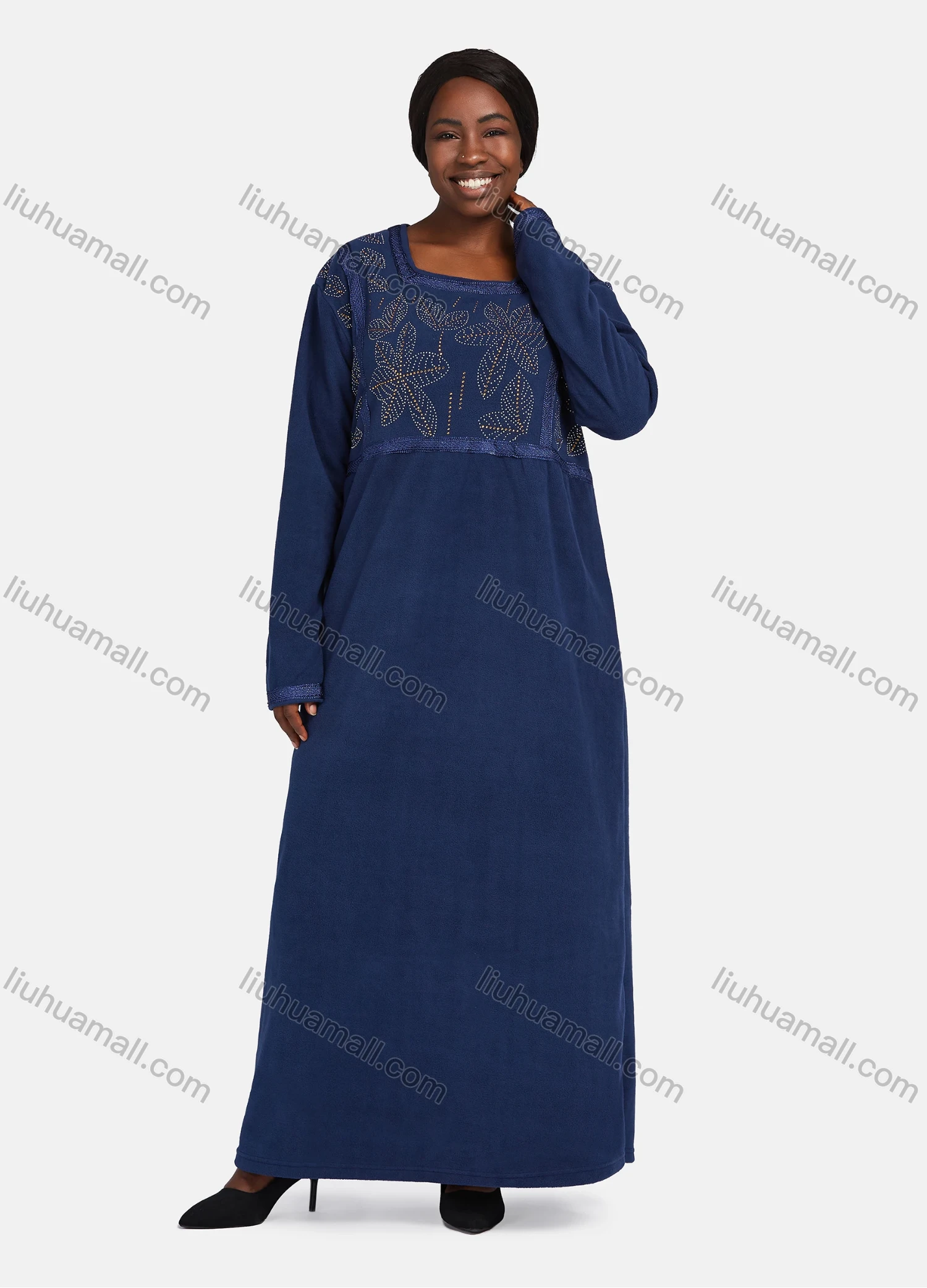 Wholesale Women's Vintage Long Sleeve Square Neck Embroidery Trim Leaf Rhinestone Pattern Maxi Nightgown - Liuhuamall