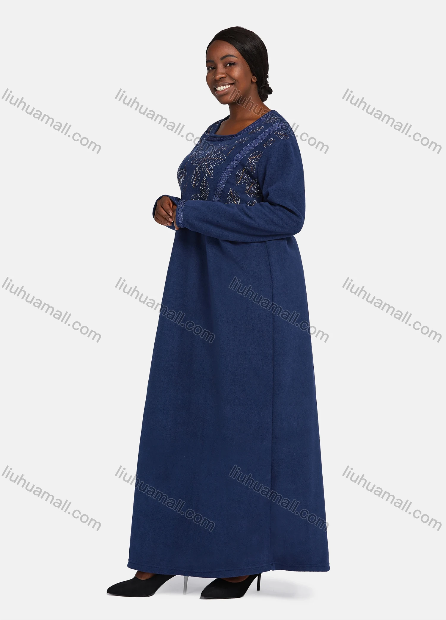 Wholesale Women's Vintage Long Sleeve Square Neck Embroidery Trim Leaf Rhinestone Pattern Maxi Nightgown - Liuhuamall