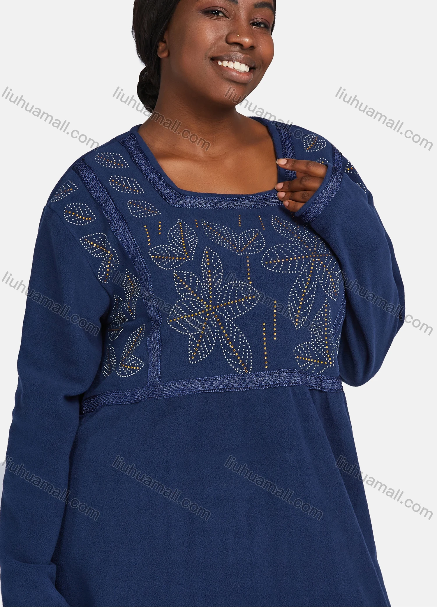 Wholesale Women's Vintage Long Sleeve Square Neck Embroidery Trim Leaf Rhinestone Pattern Maxi Nightgown - Liuhuamall