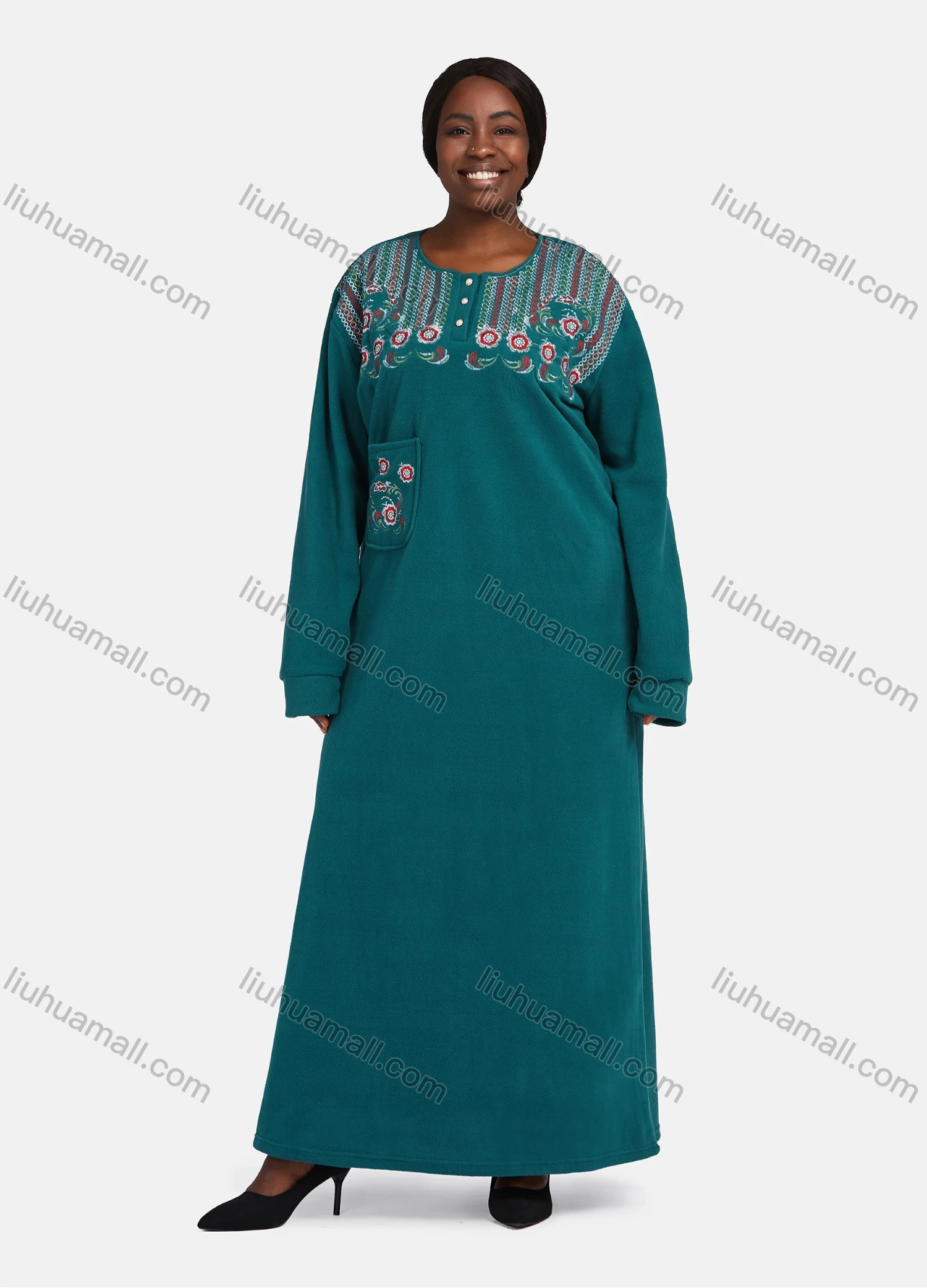 Wholesale Women's Vintage Long Sleeve Button Front Pocket Embroidery Pattern Crew Neck Maxi Nightgown - Liuhuamall