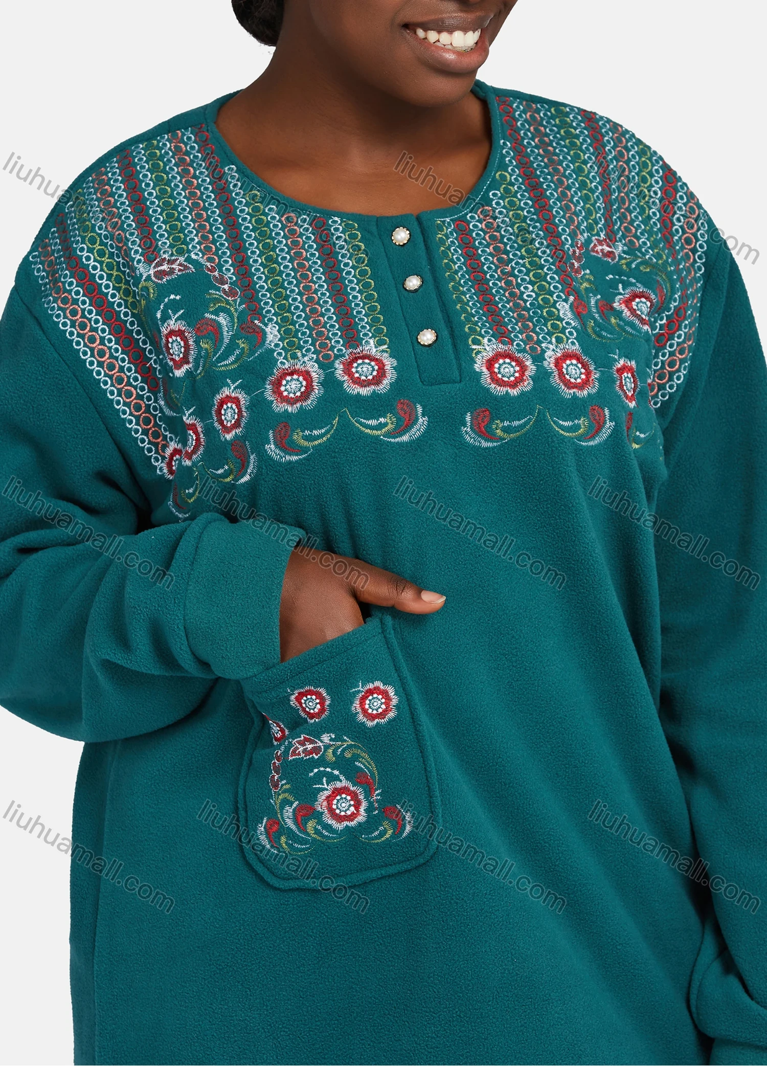 Wholesale Women's Vintage Long Sleeve Button Front Pocket Embroidery Pattern Crew Neck Maxi Nightgown - Liuhuamall